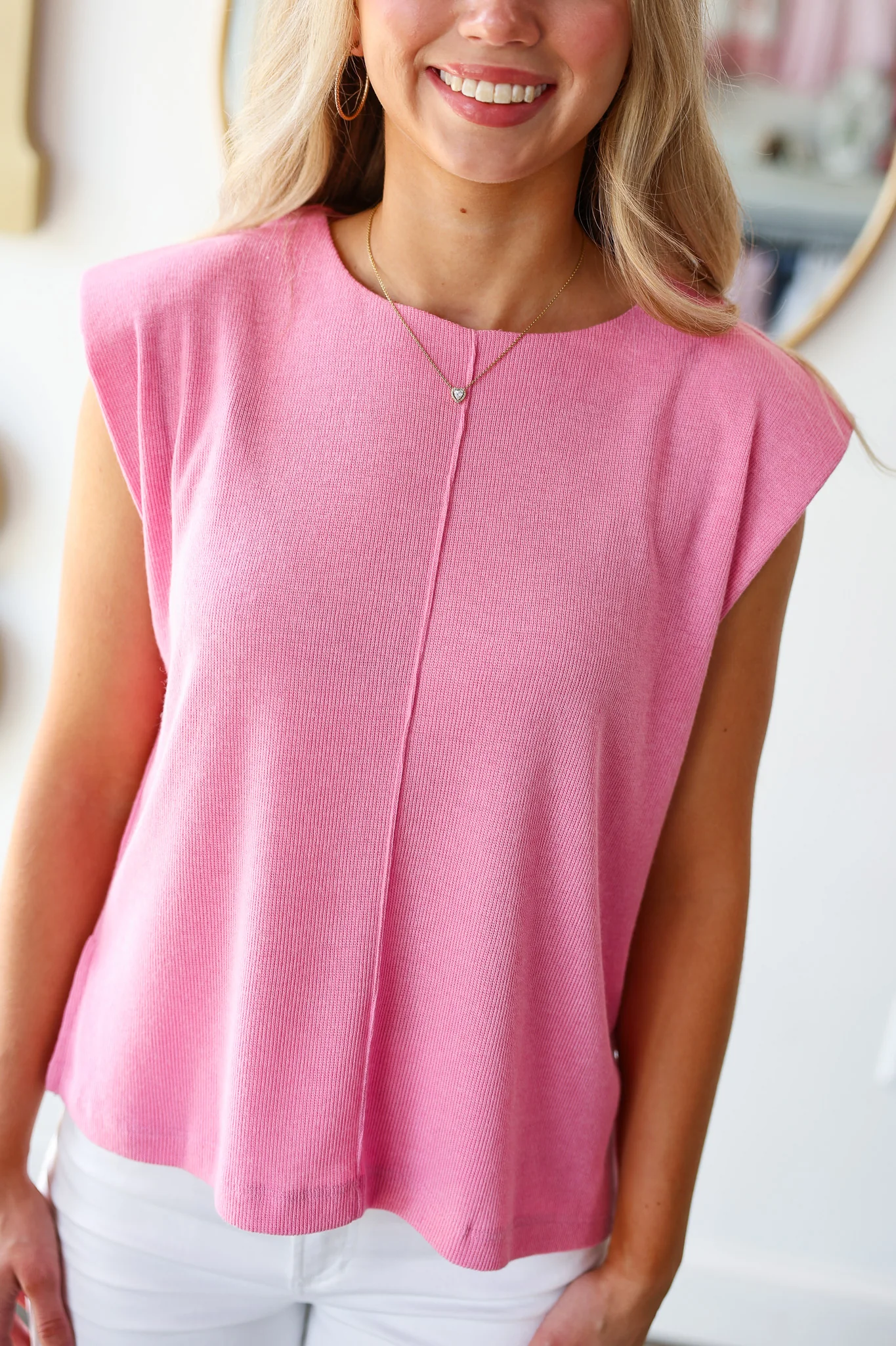 Knit Cap Sleeve Top - Pink - Image 2