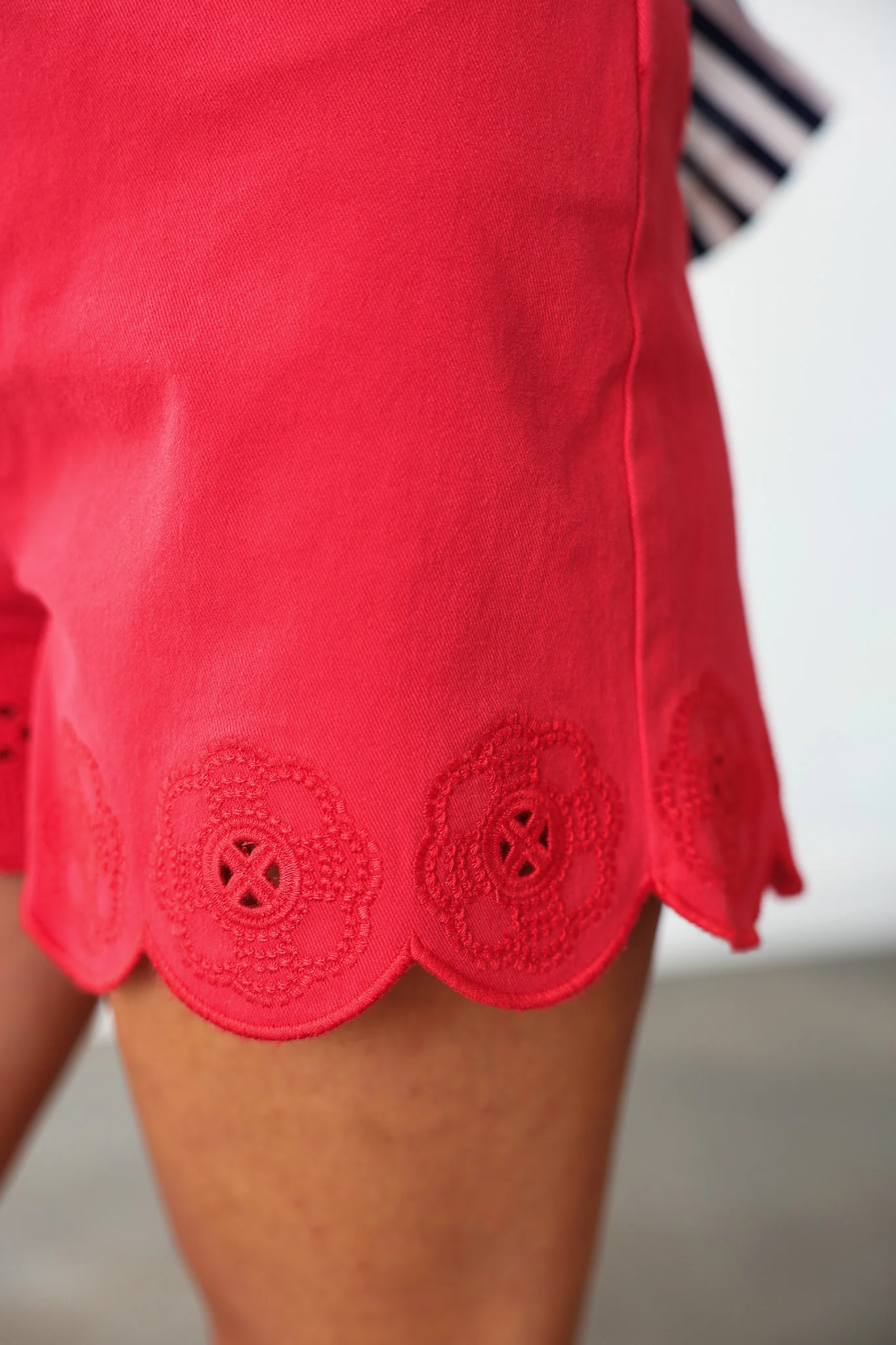 Eyelet Hem Denim Shorts - Red - Image 2