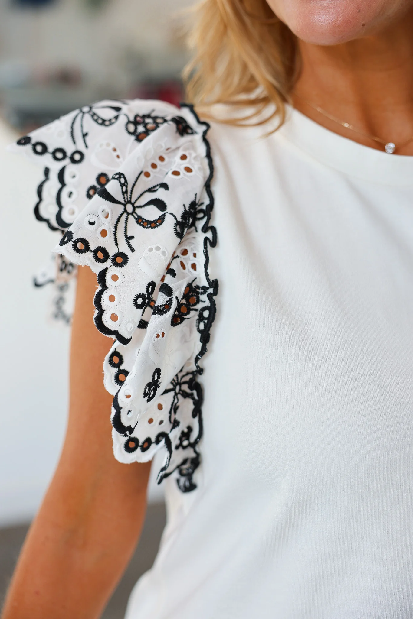 Eyelet Sleeve Top - White - Image 7