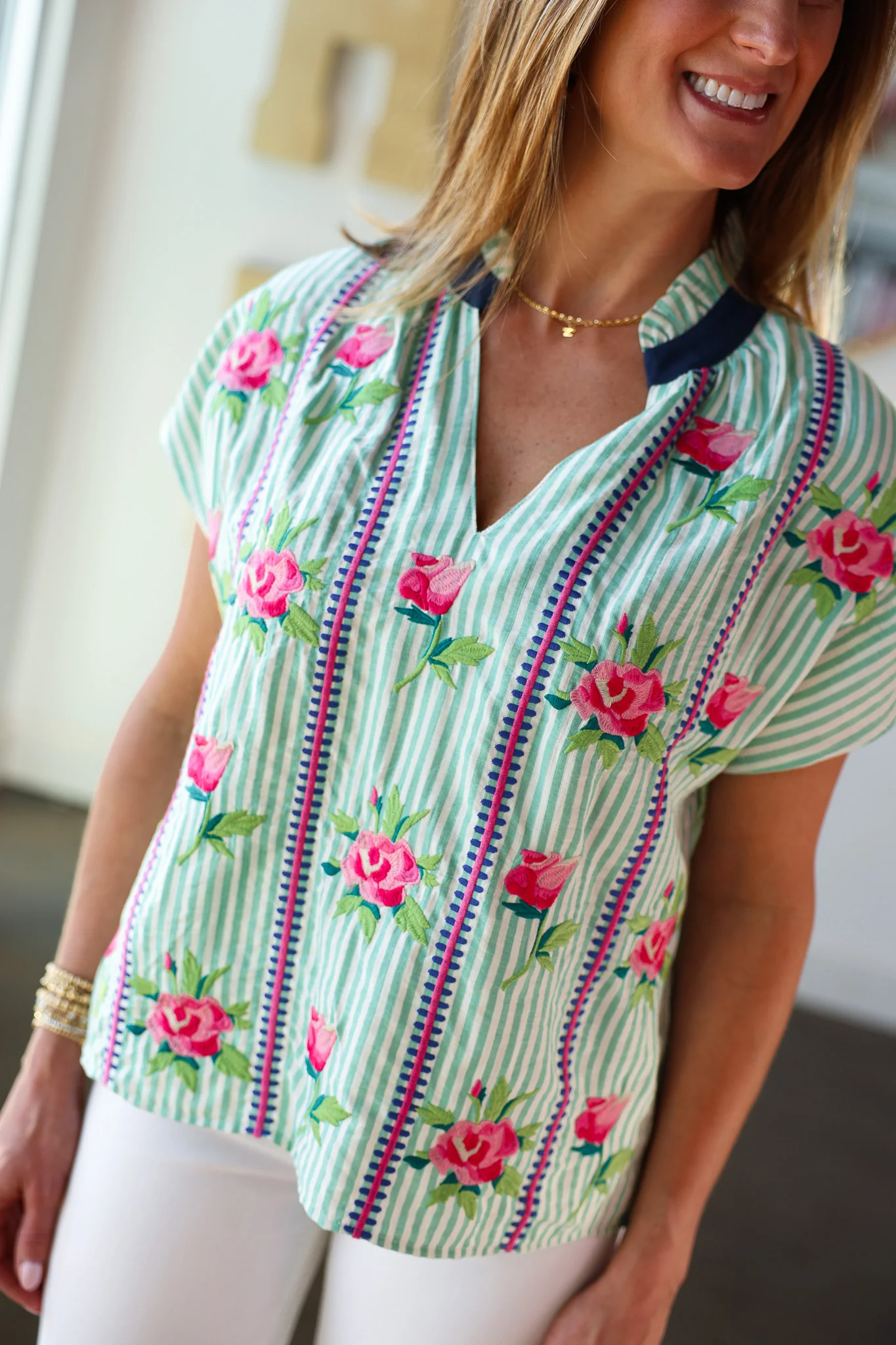 Floral Embroidered Striped Top - Image 2