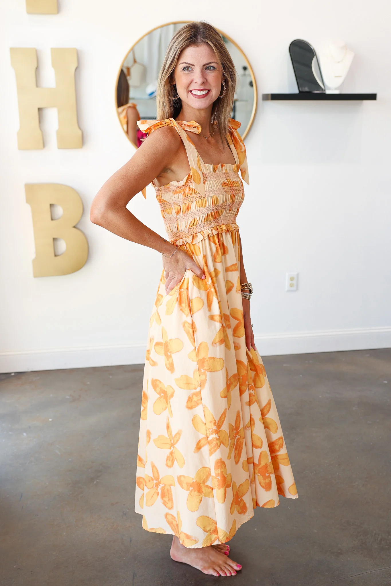 Floral Print Smocked Midi Dress - Orange - Image 6