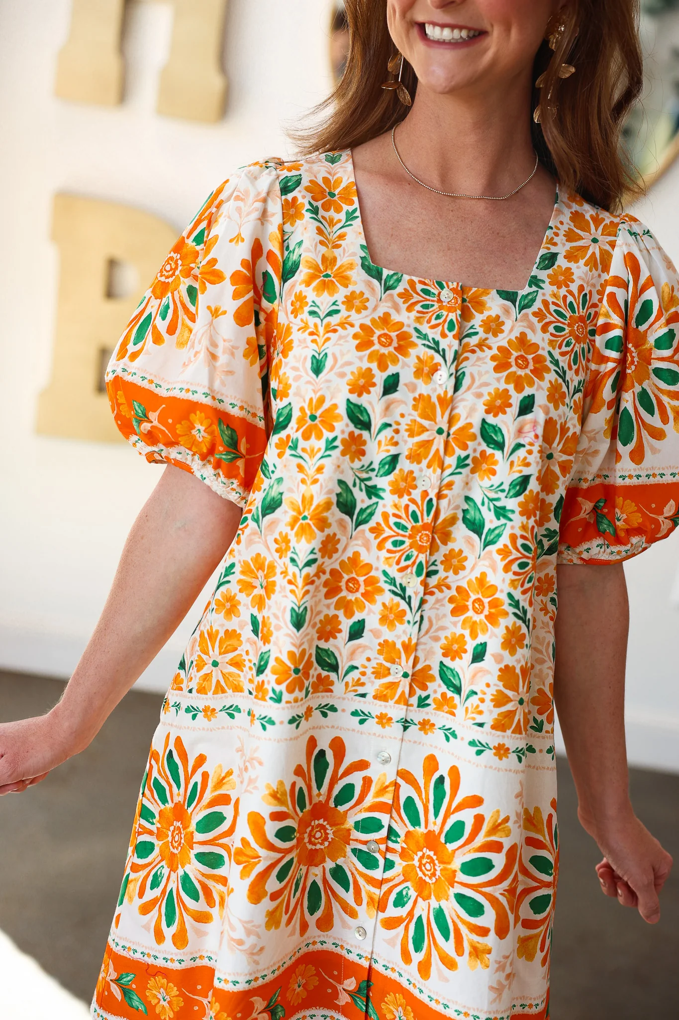 Floral Scoop Neck Dress - Orange Cream - Image 3