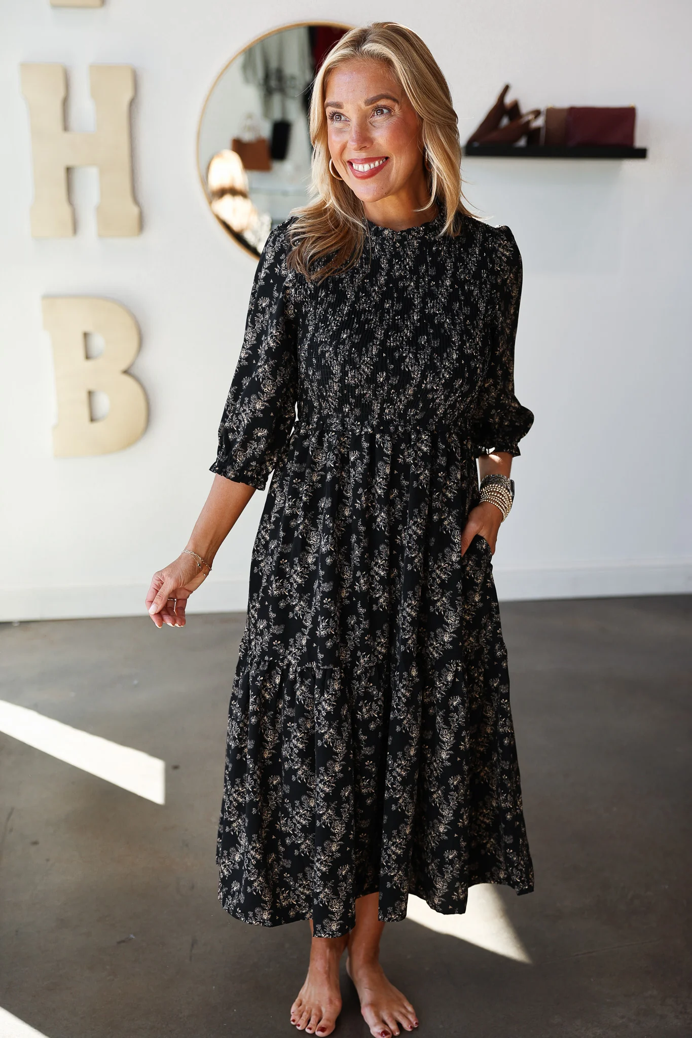 Floral Smocked Midi Dress - Black/Taupe - Image 2