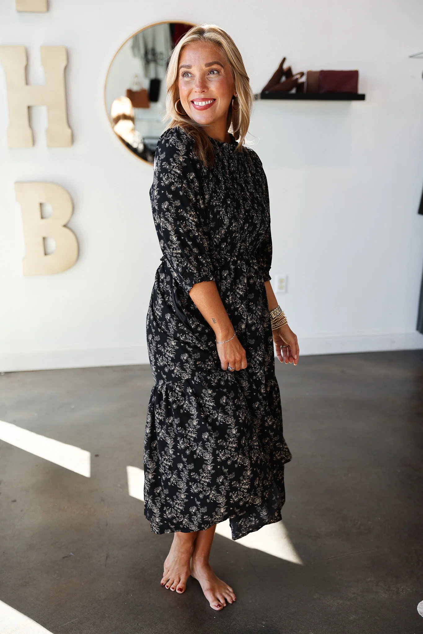 Floral Smocked Midi Dress - Black/Taupe - Image 3