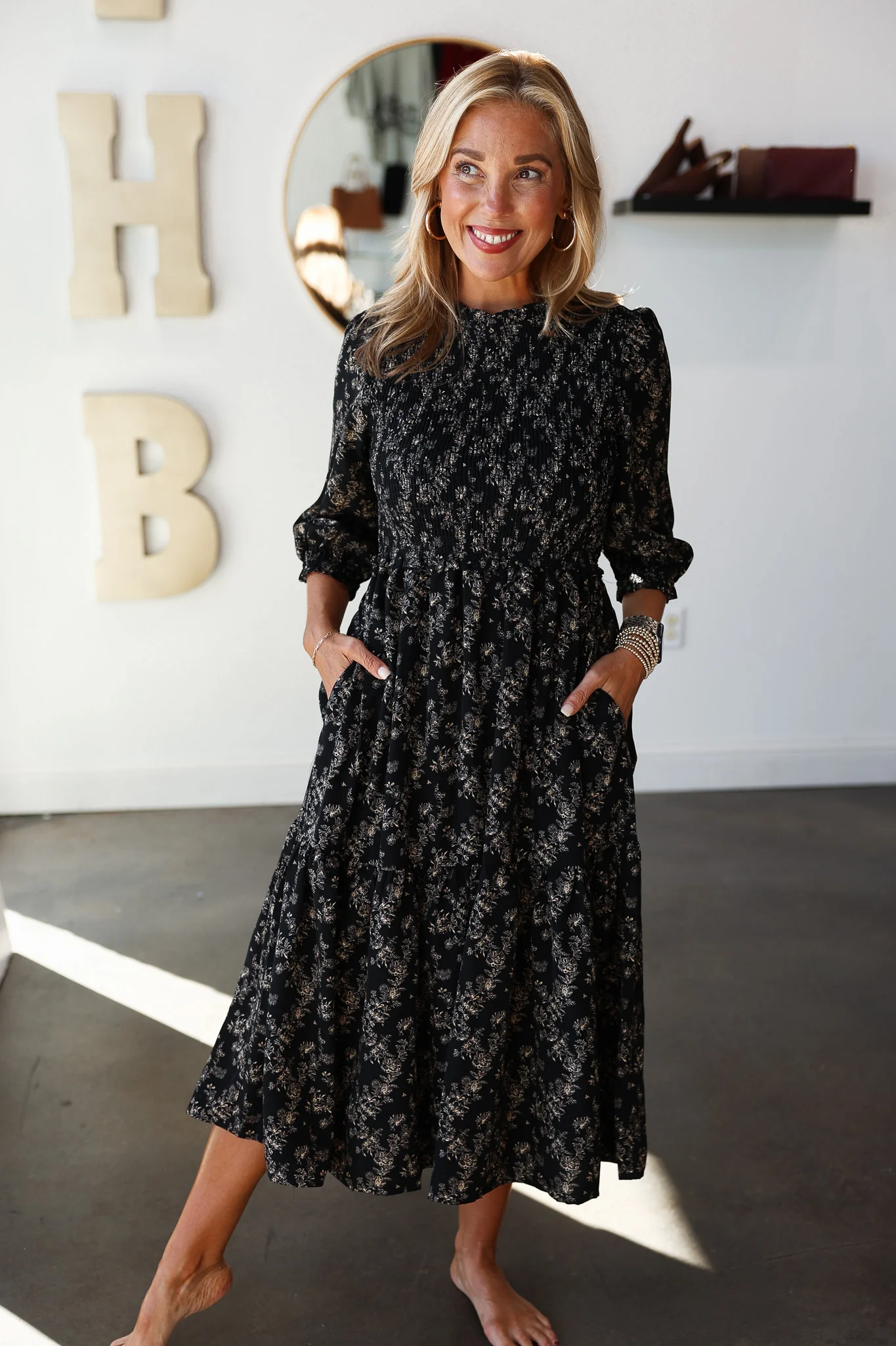 Floral Smocked Midi Dress - Black/Taupe - Image 4