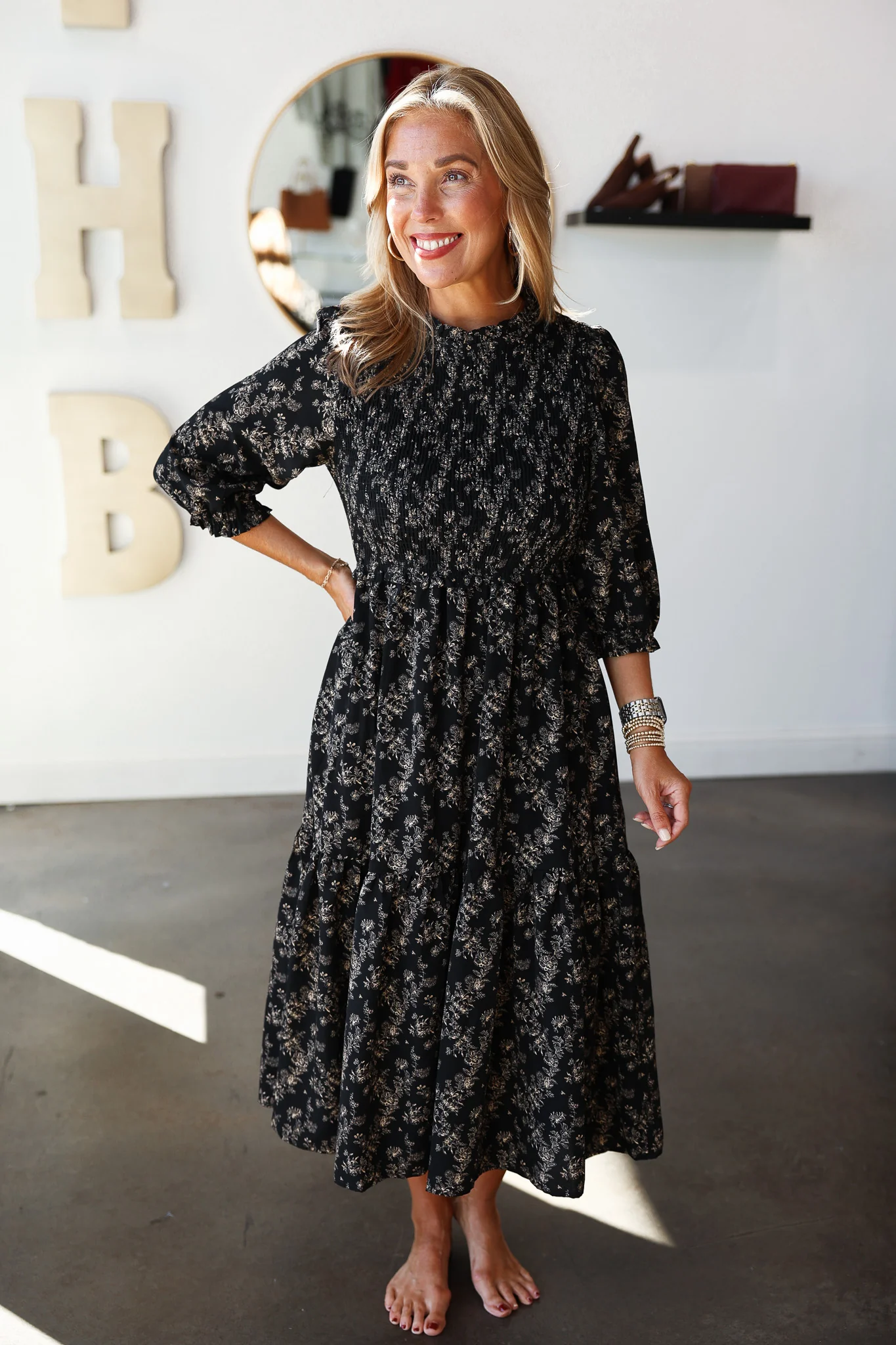 Floral Smocked Midi Dress - Black/Taupe - Image 5