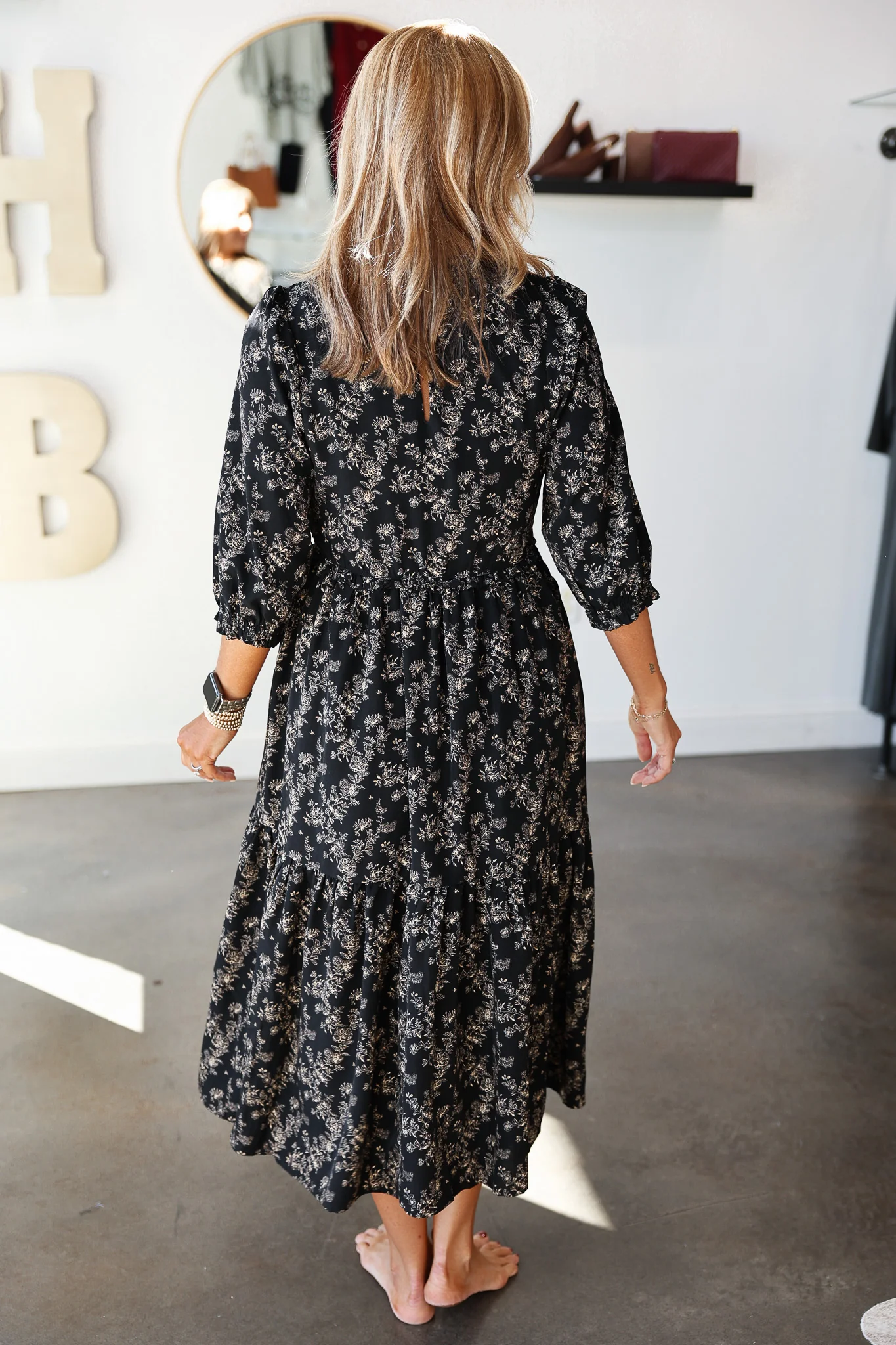 Floral Smocked Midi Dress - Black/Taupe - Image 8