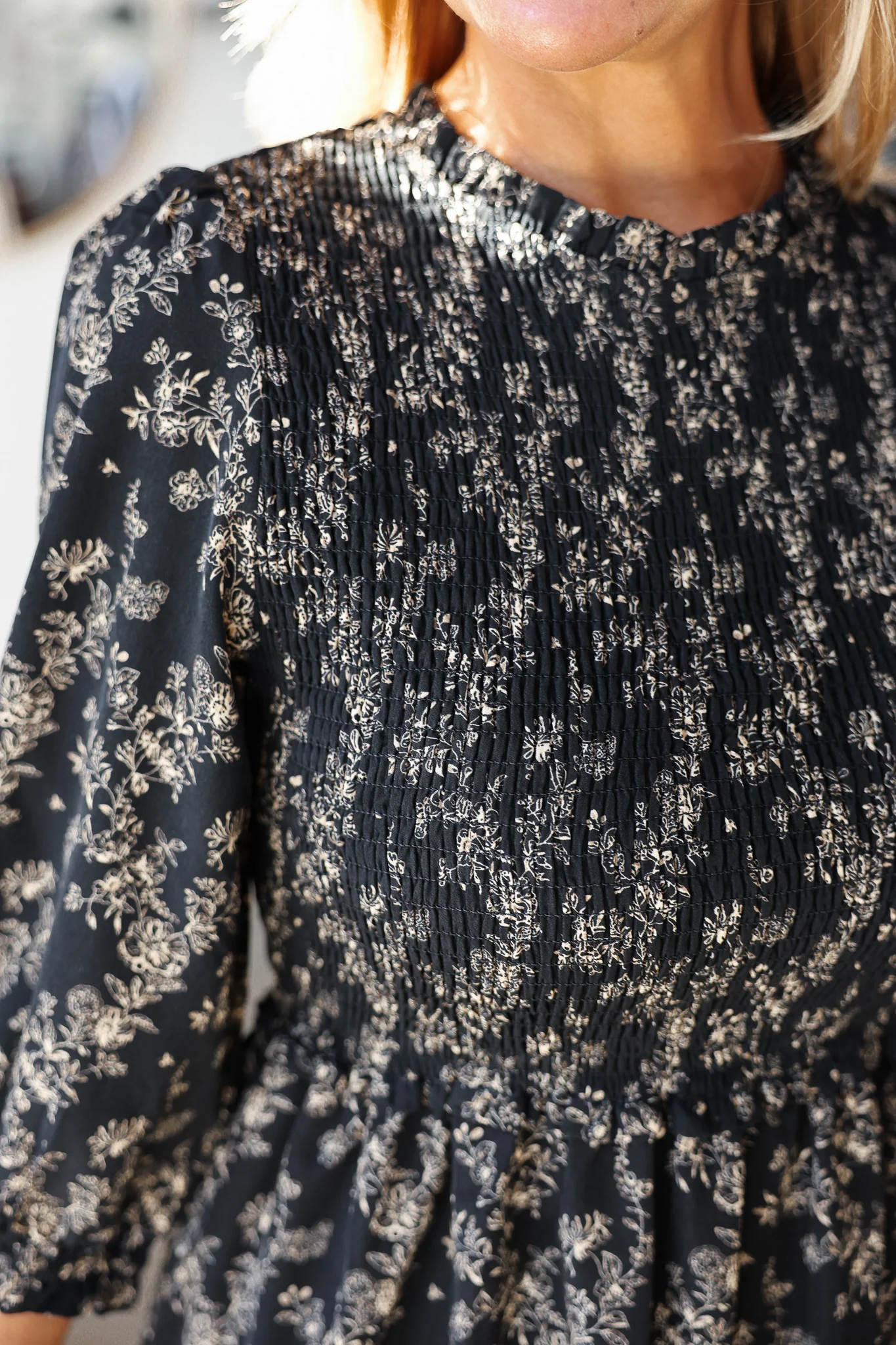 Floral Smocked Midi Dress - Black/Taupe - Image 9
