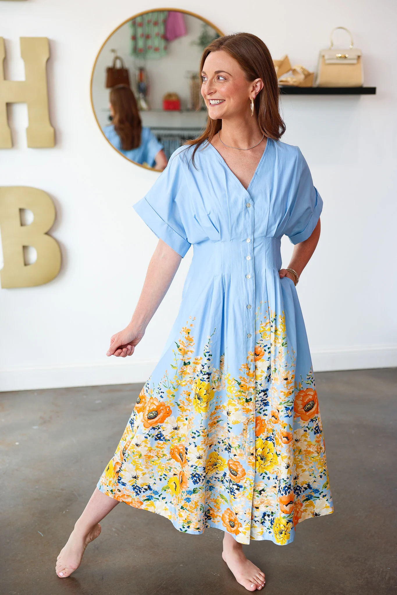 Floral Trim Button Front Dress - Blue - Image 3