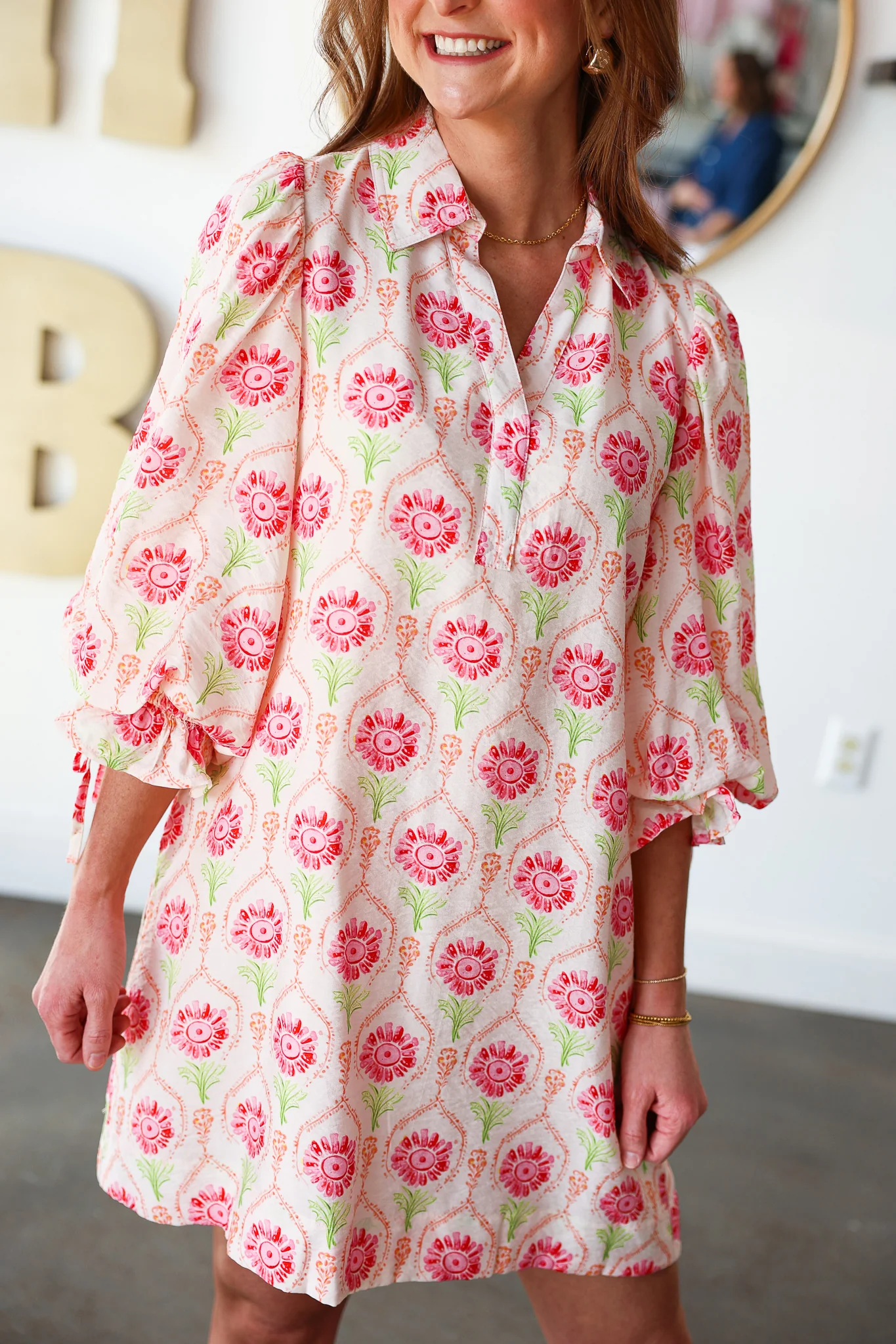 Flower Print Mini Dress - Cream Coral - Image 2