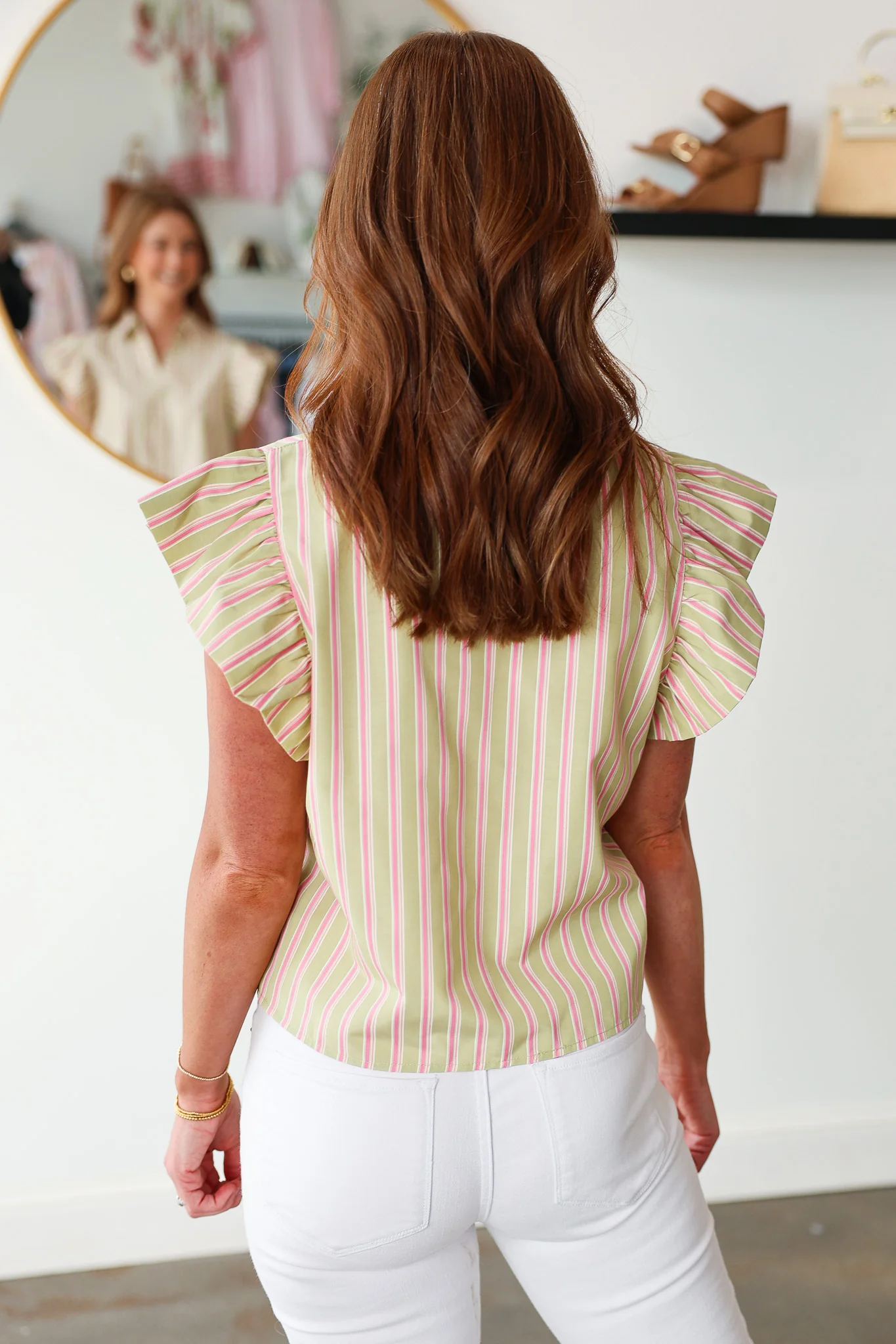 Flutter Sleeve Striped Button Down Top - Olive/Pink - Image 7