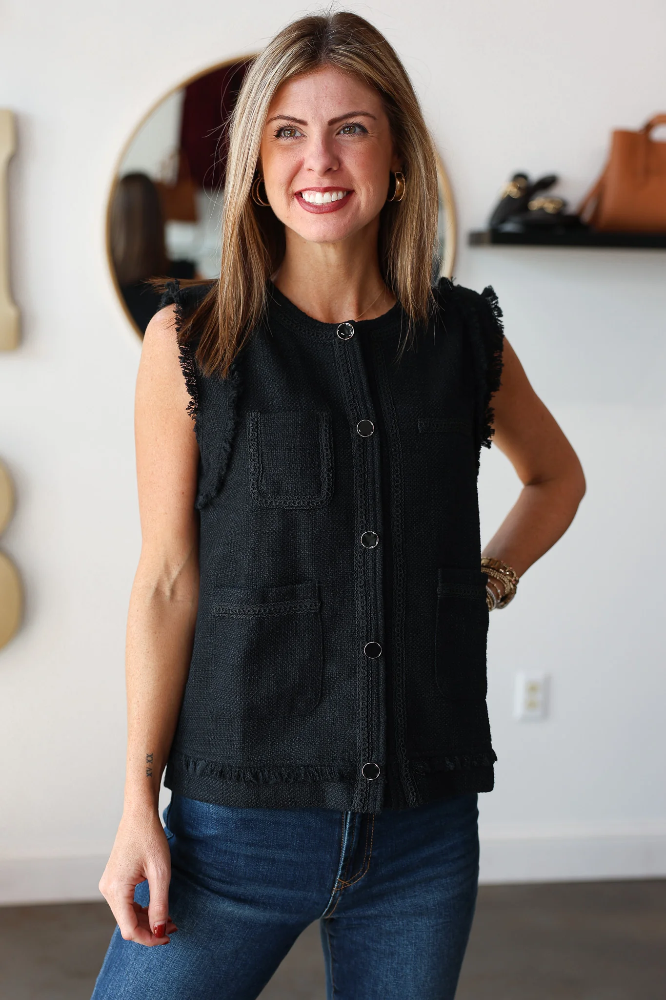 Fringe Trim Vest - Black