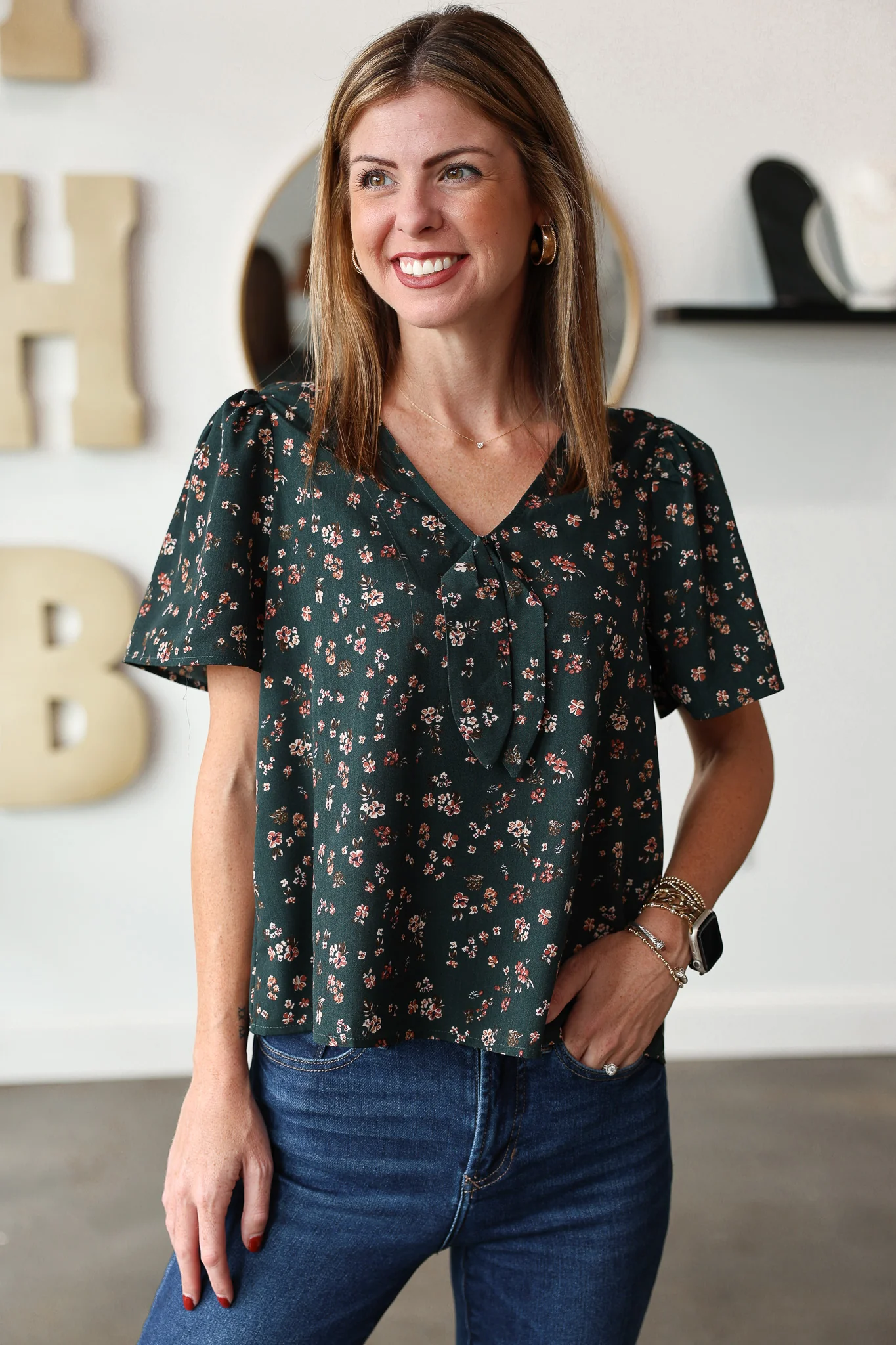 Front Tie Floral Blouse - Green - Image 2