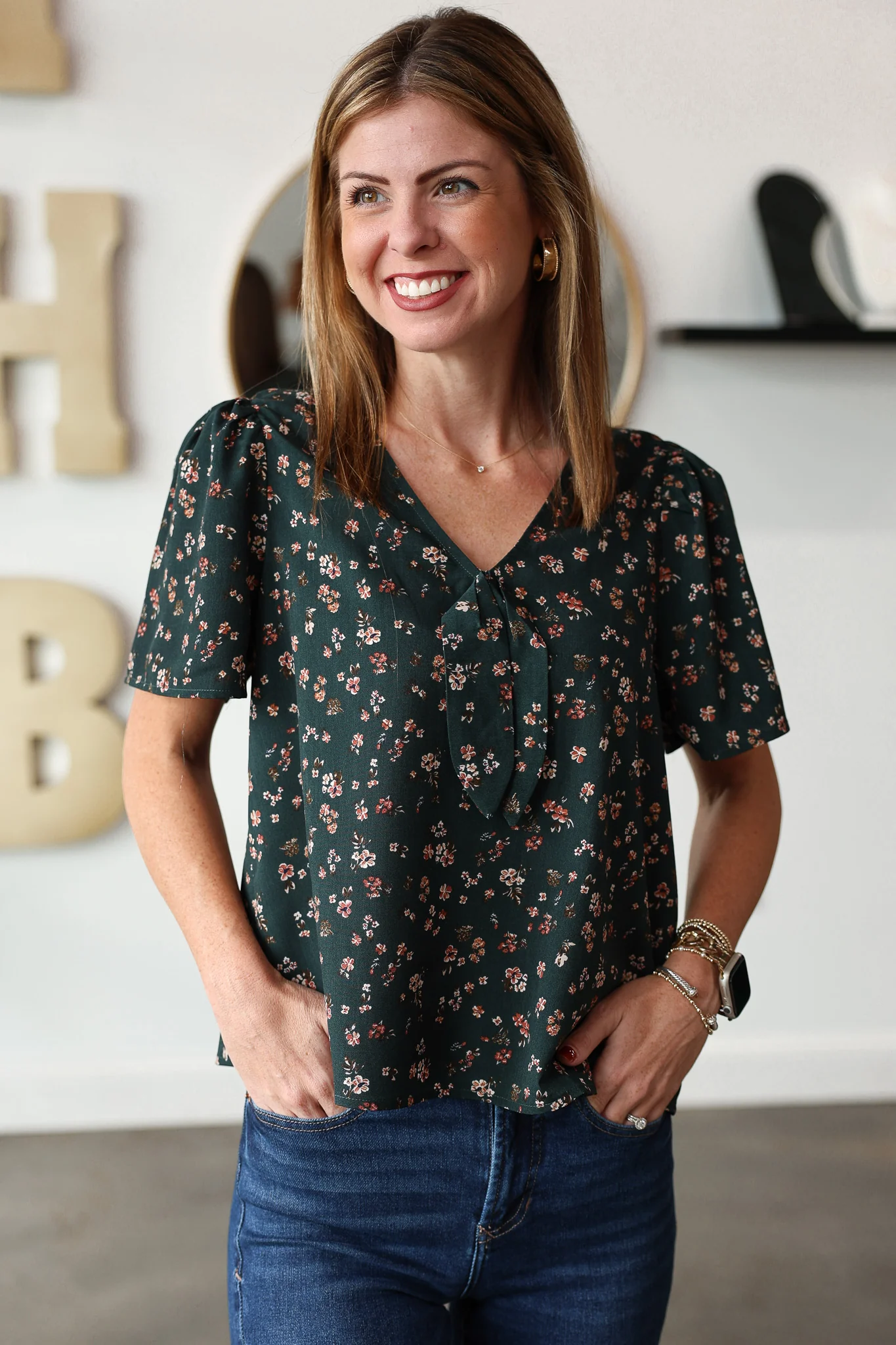 Front Tie Floral Blouse - Green - Image 3