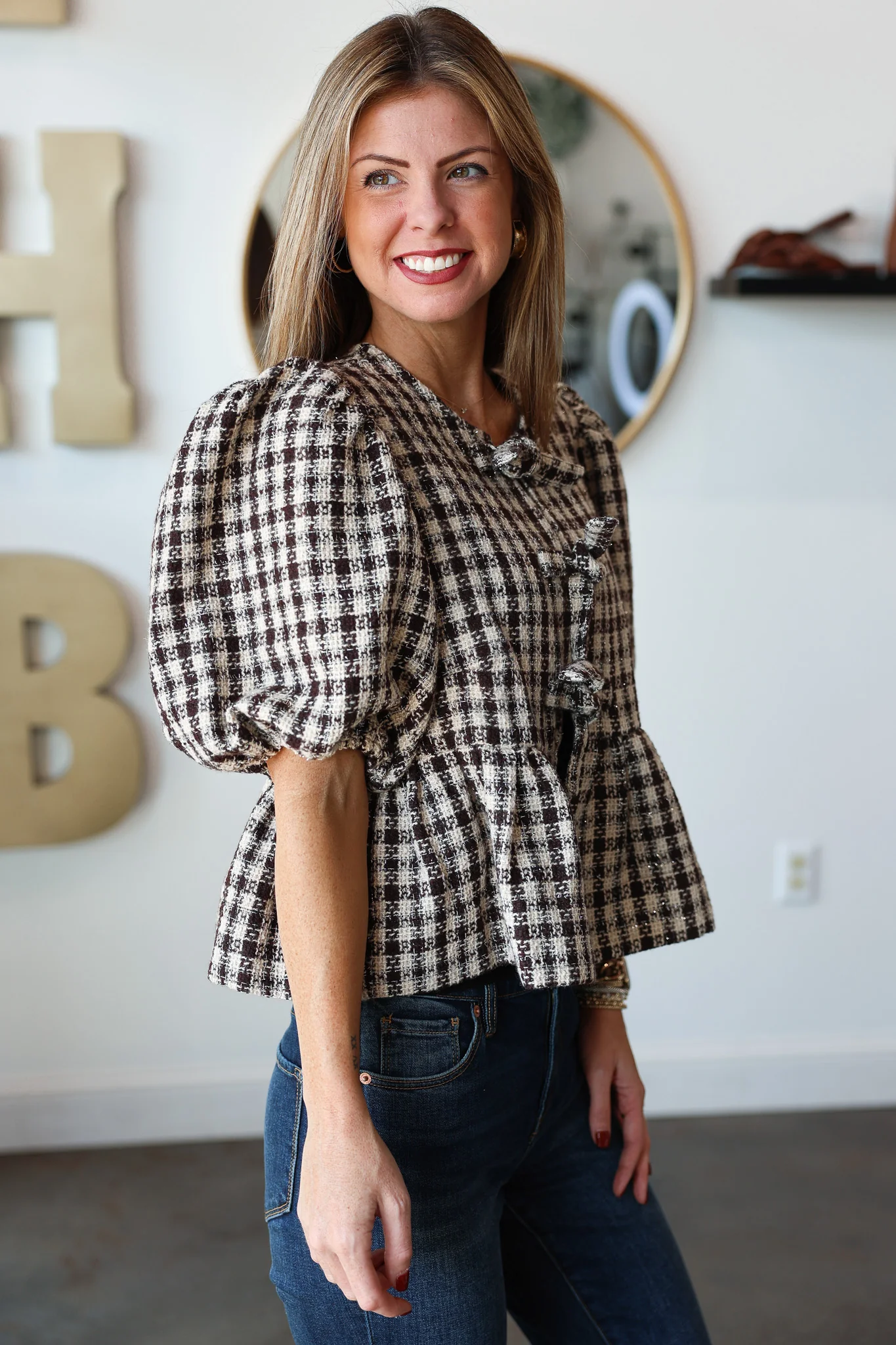 Front Tie Plaid Blouse - Brown - Image 6