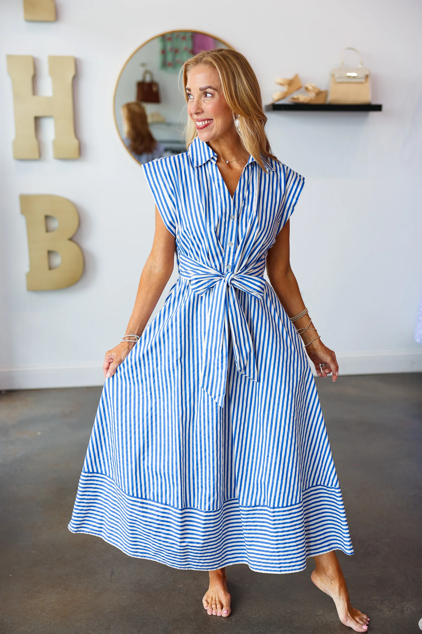 Front Tie Striped Midi Dress - Blue