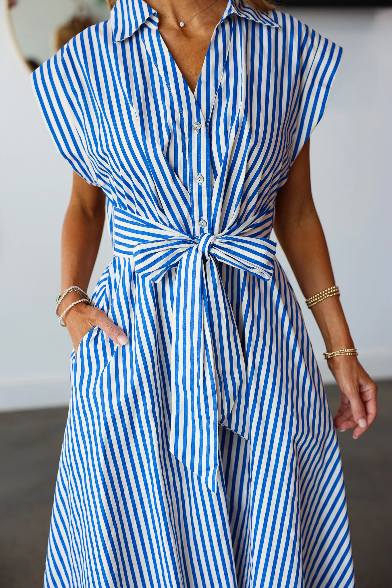 Front Tie Striped Midi Dress - Blue - Image 10