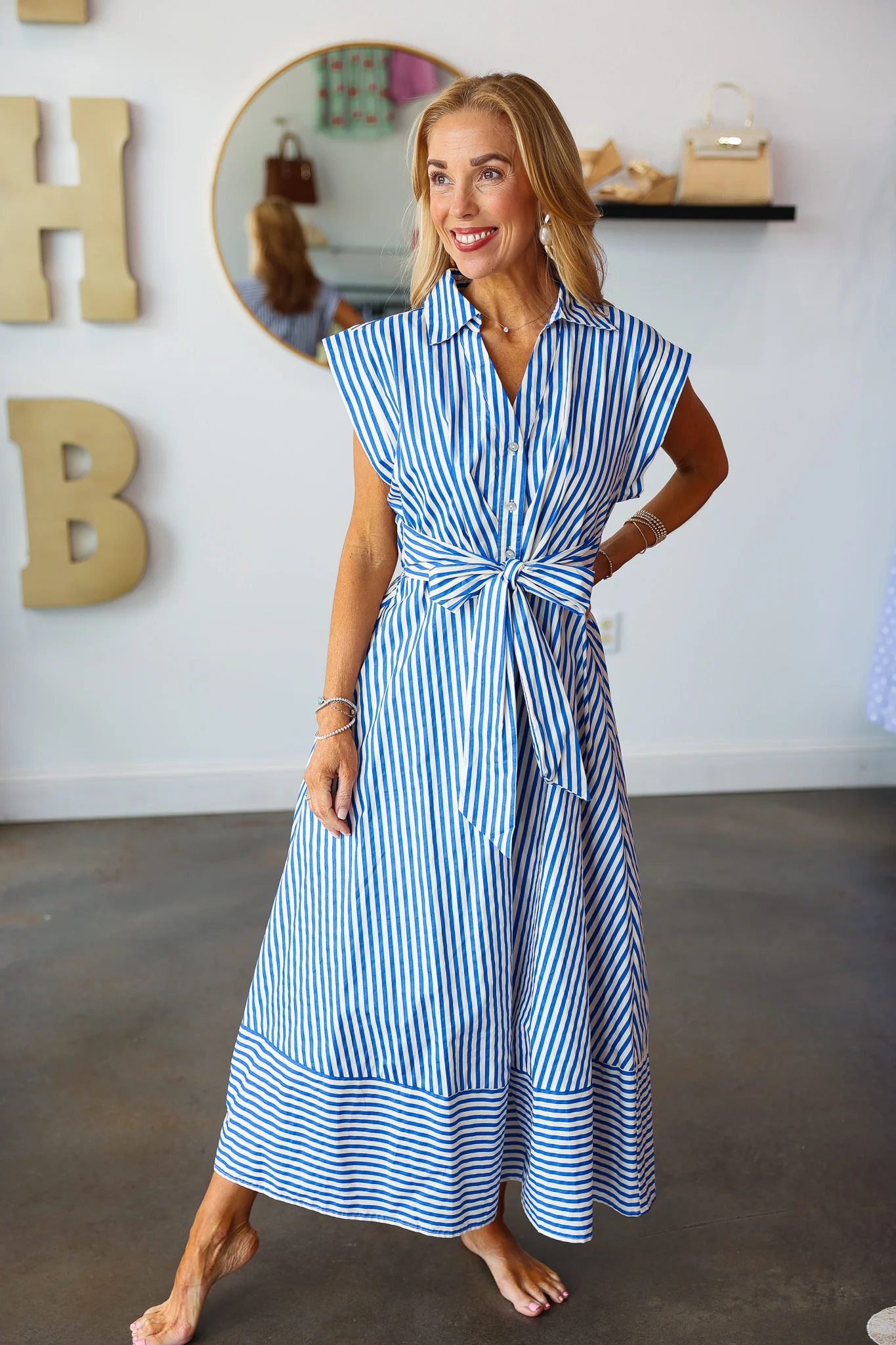 Front Tie Striped Midi Dress - Blue - Image 6
