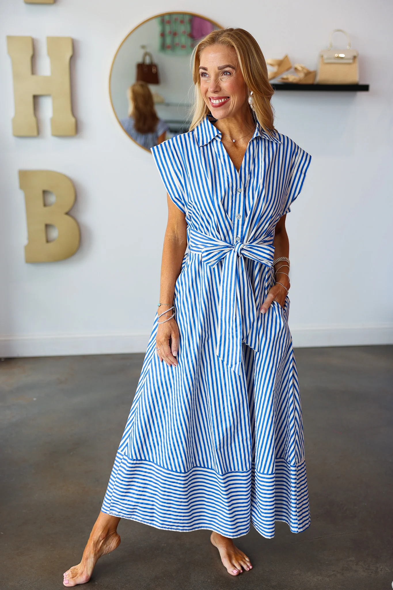 Front Tie Striped Midi Dress - Blue - Image 7