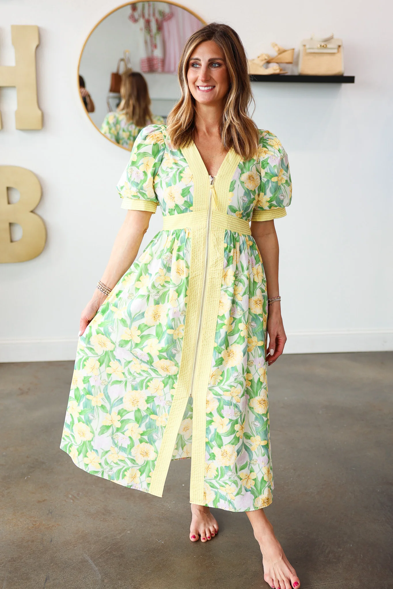 Front Zip Floral Dress - Yellow - Image 3