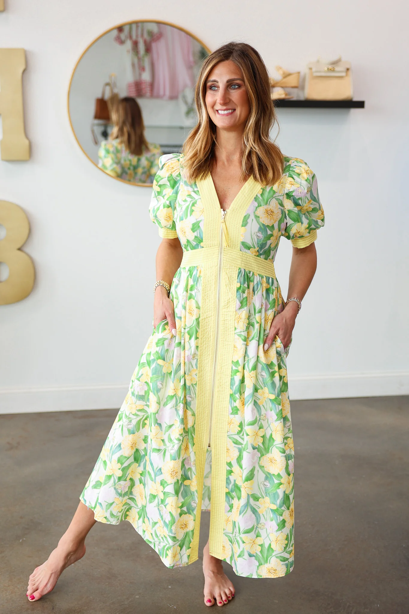 Front Zip Floral Dress - Yellow - Image 4