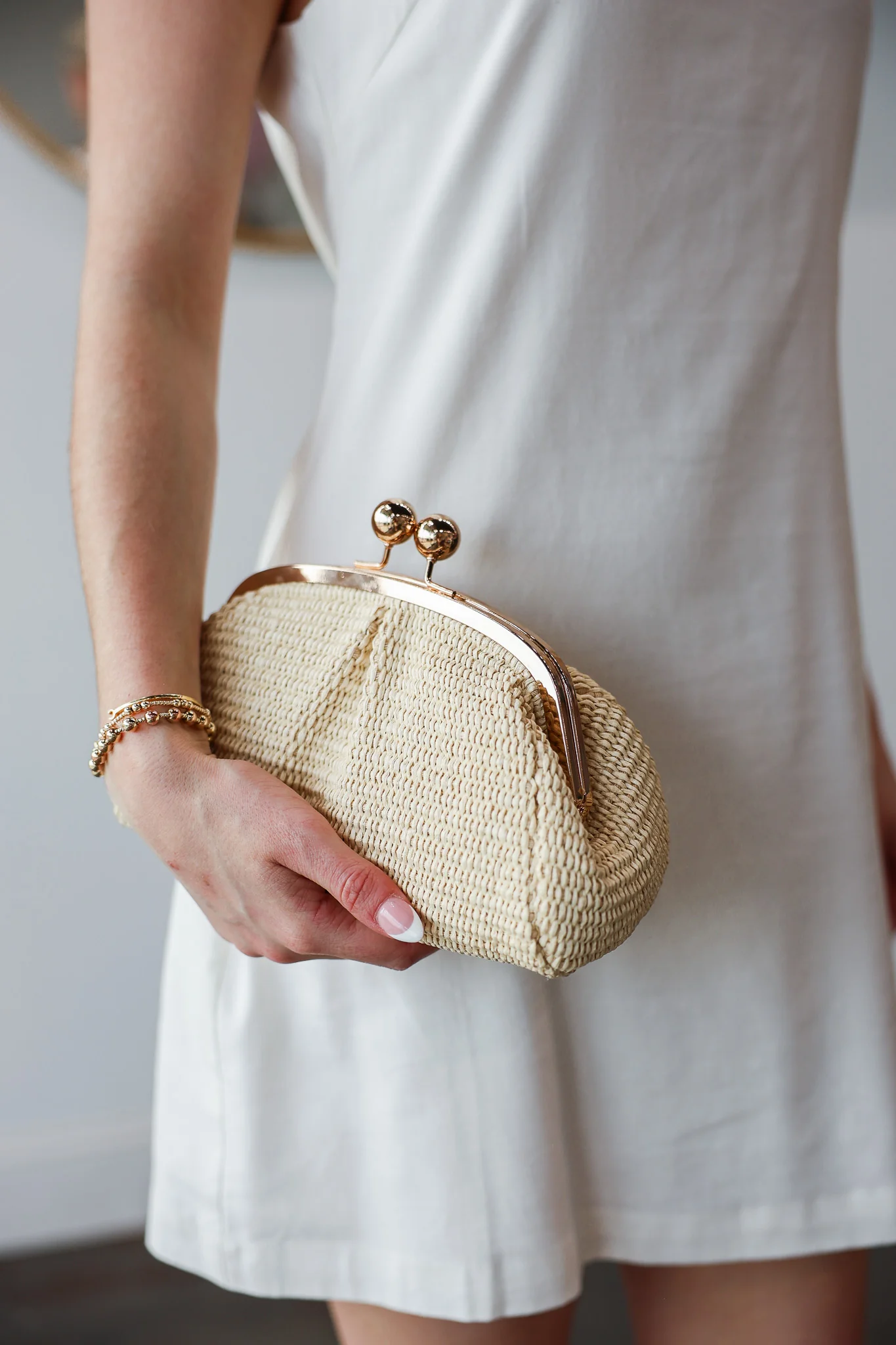 Genuine Italian Leather Raffia Clutch + Crossbody - Beige - Image 3