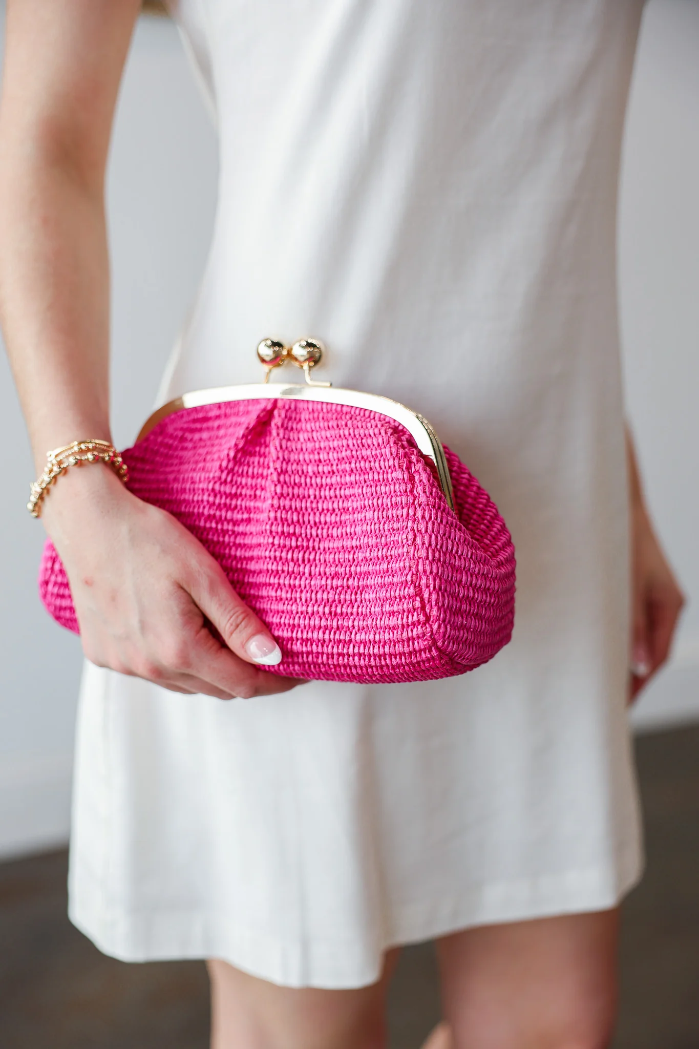 Genuine Italian Leather Raffia Clutch + Crossbody - Hot Pink - Image 4