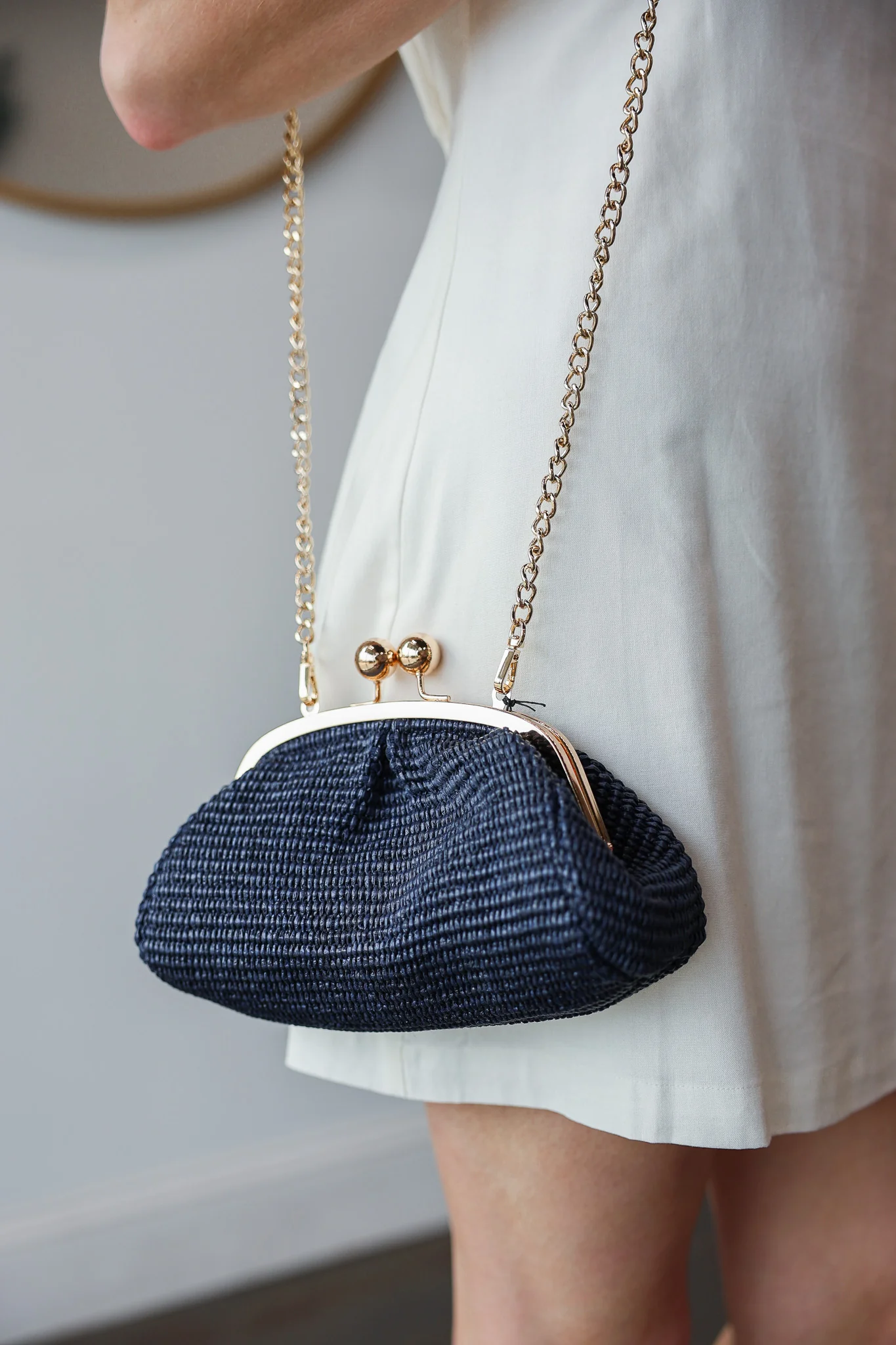 Genuine Italian Leather Raffia Clutch + Crossbody - Navy - Image 3