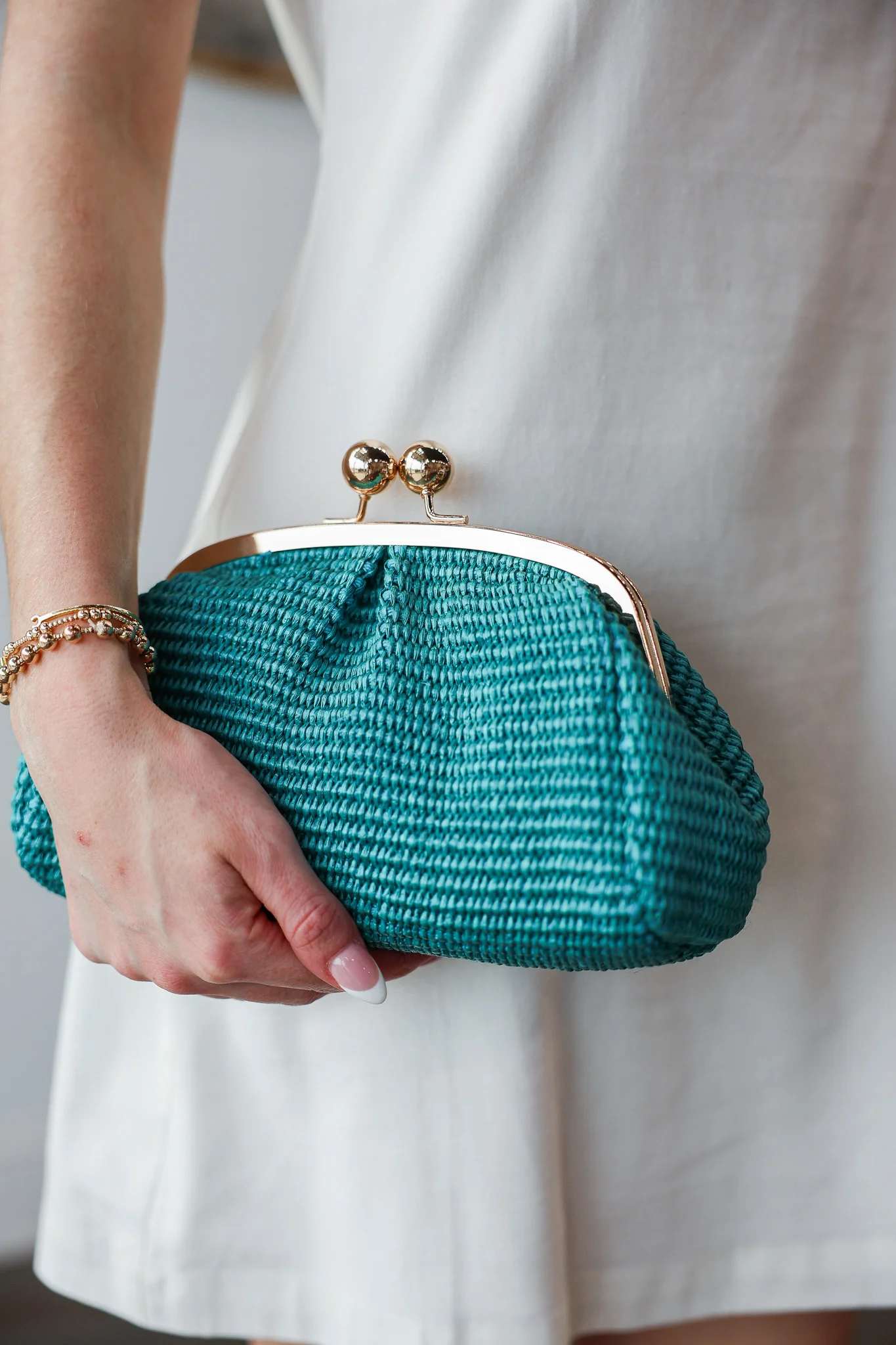 Genuine Italian Leather Raffia Clutch + Crossbody - Teal - Image 4