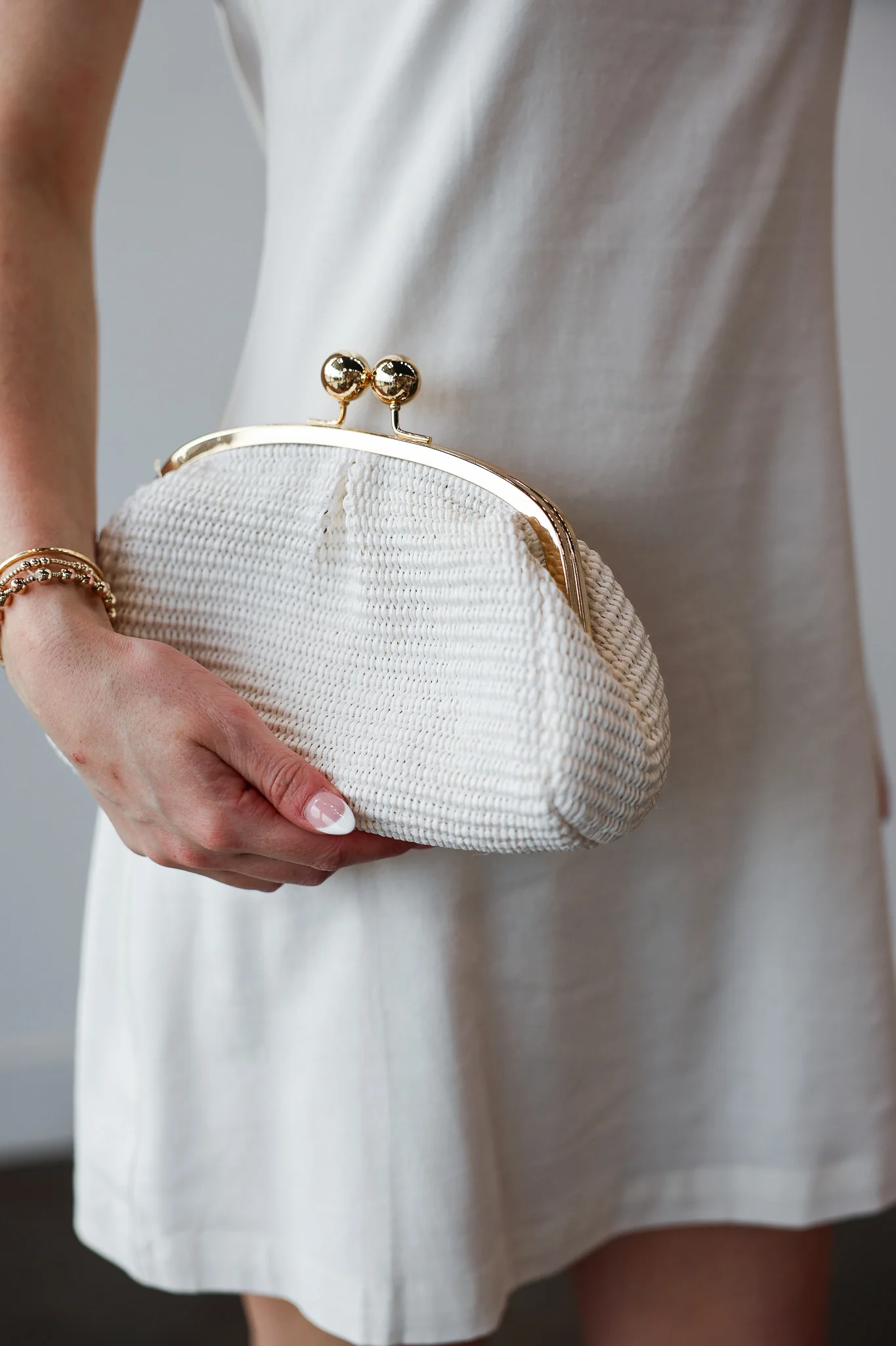 Genuine Italian Leather Raffia Clutch + Crossbody - White - Image 4
