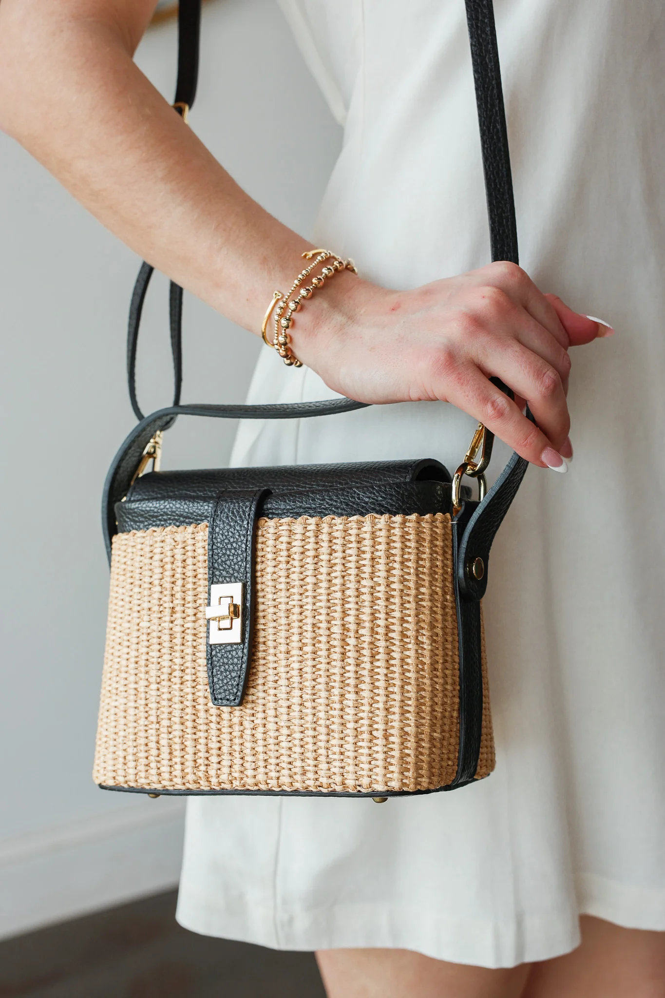 Genuine Italian Leather + Rattan Bag - Black