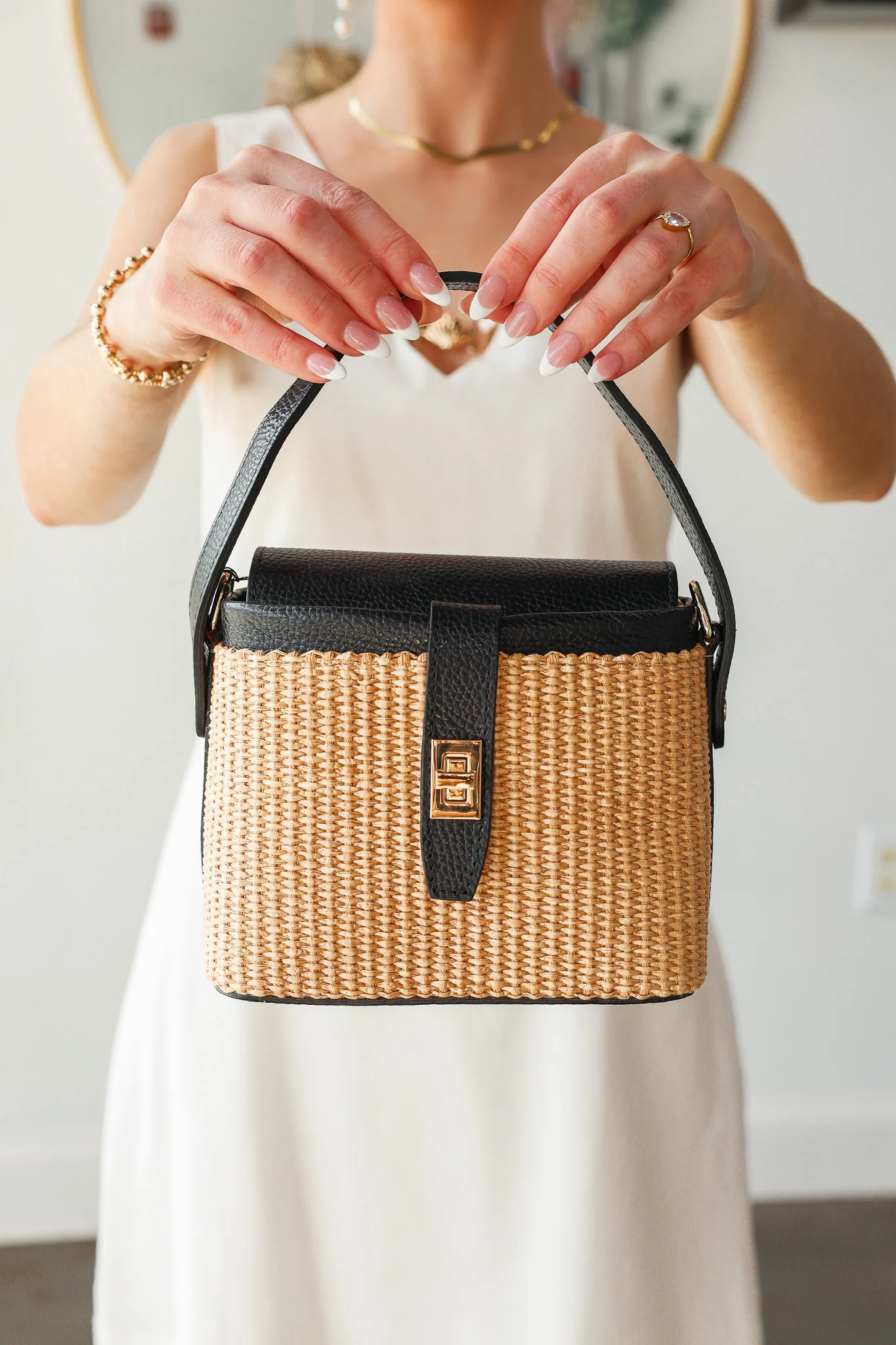 Genuine Italian Leather + Rattan Bag - Black - Image 3