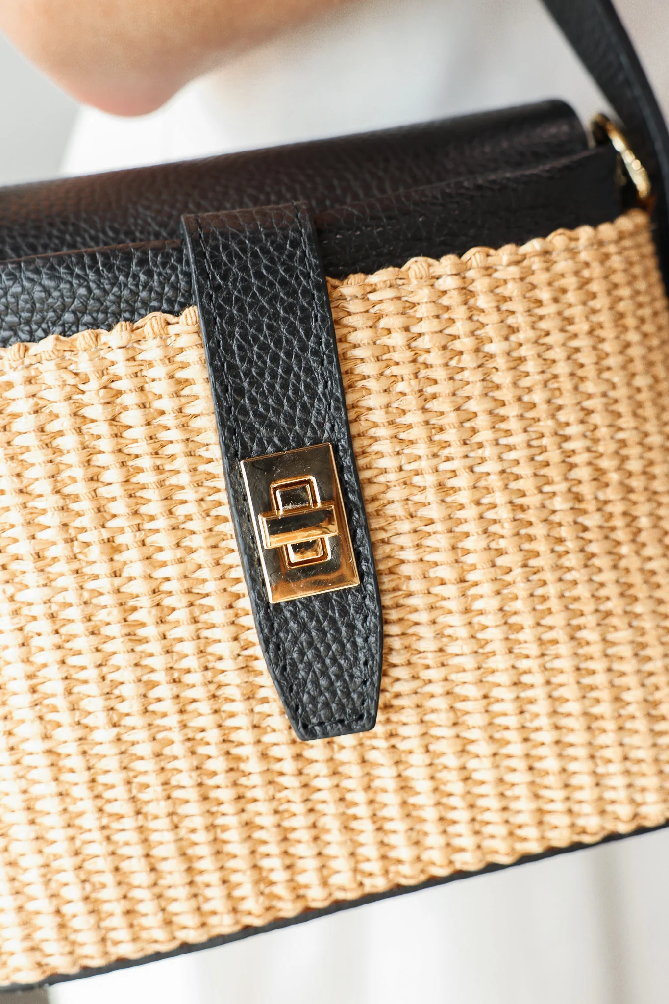 Genuine Italian Leather + Rattan Bag - Black - Image 4