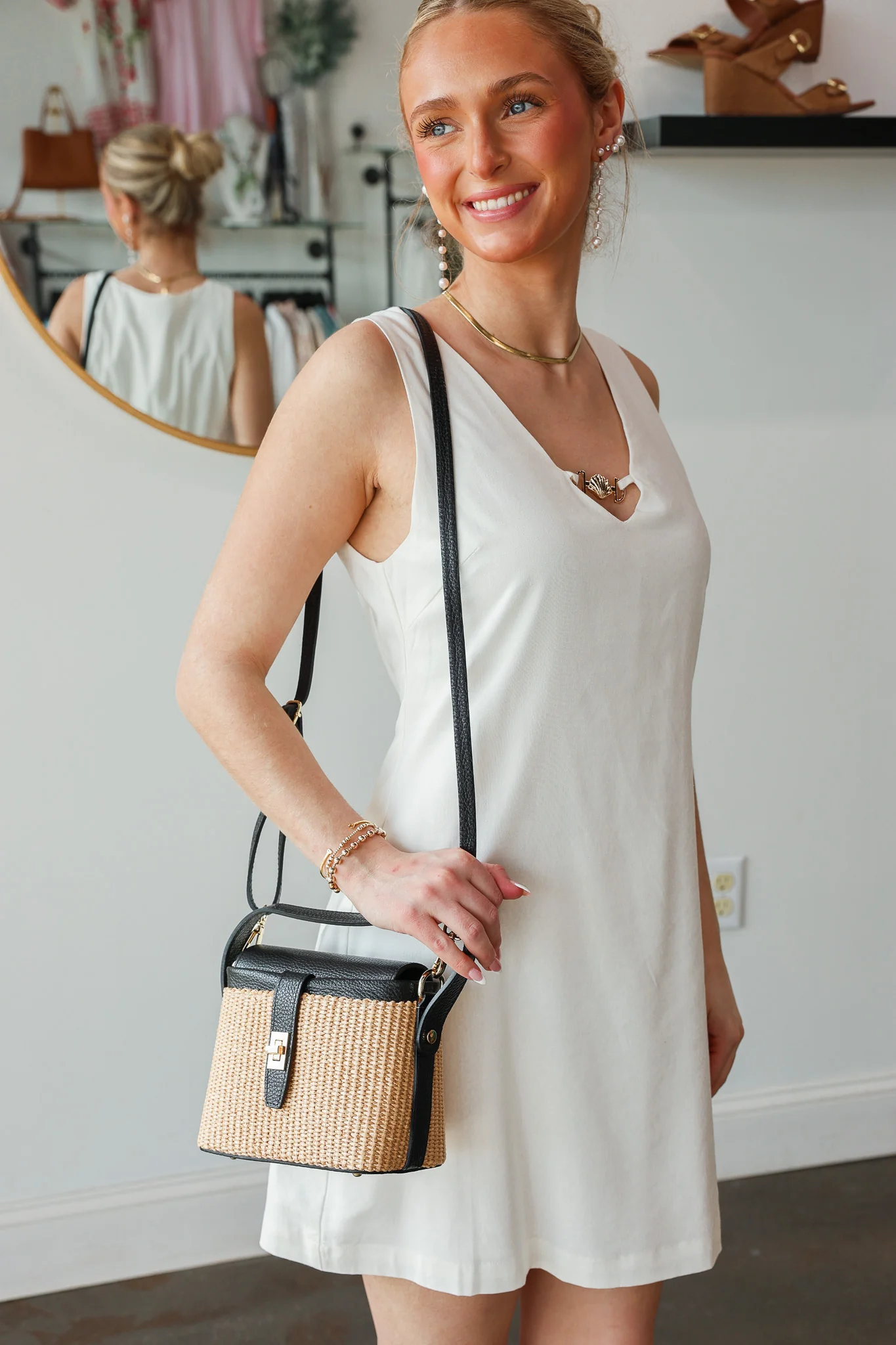 Genuine Italian Leather + Rattan Bag - Black - Image 5