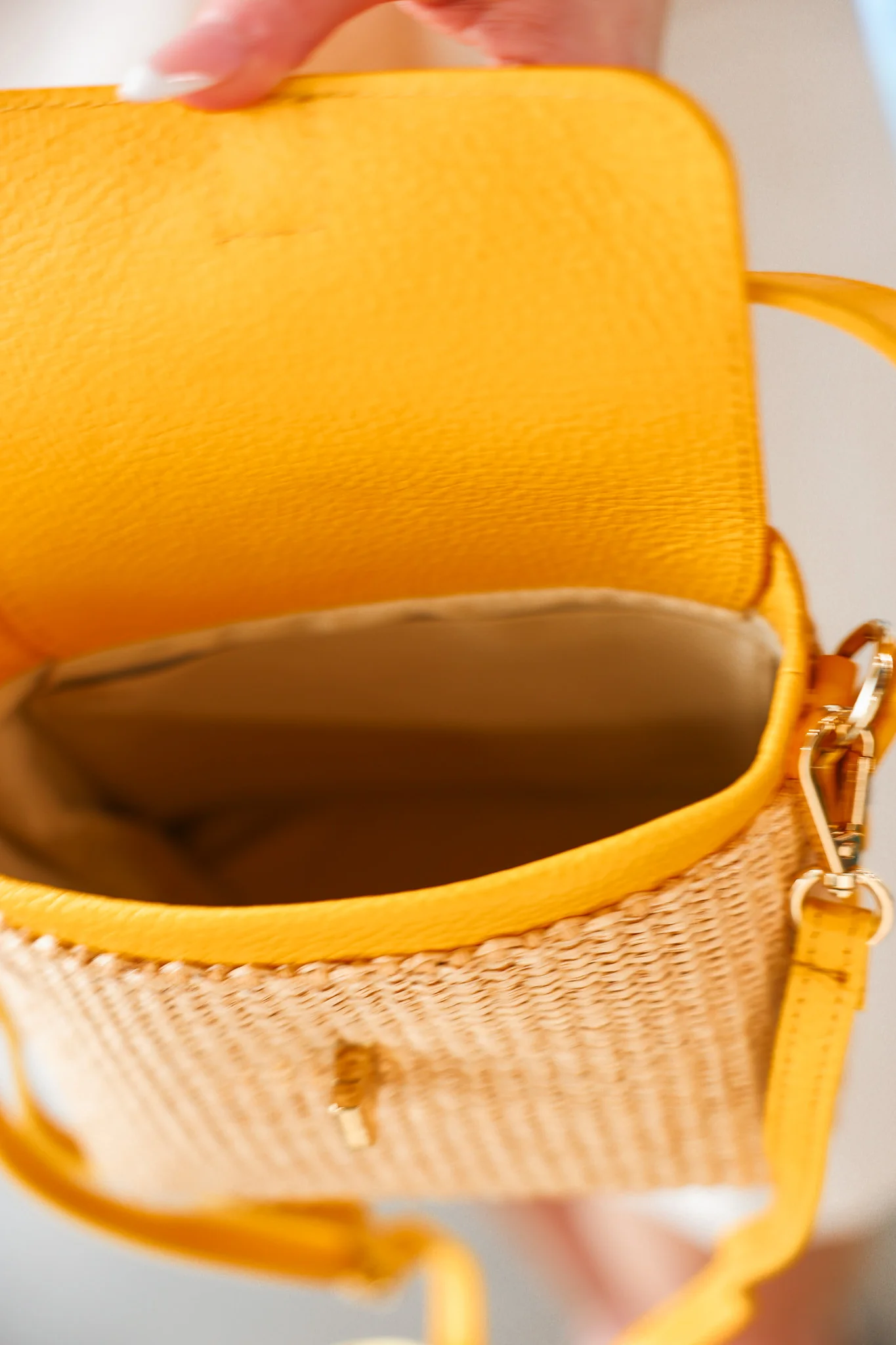 Genuine Italian Leather + Rattan Bag - Yellow - Image 5