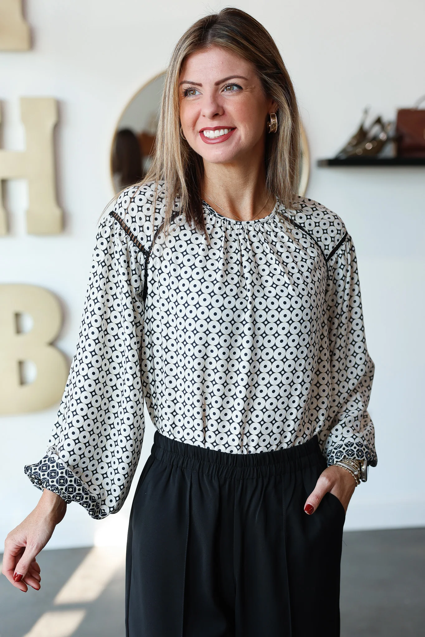 Geometric Mixed Print Blouse - Cream/Black - Image 3