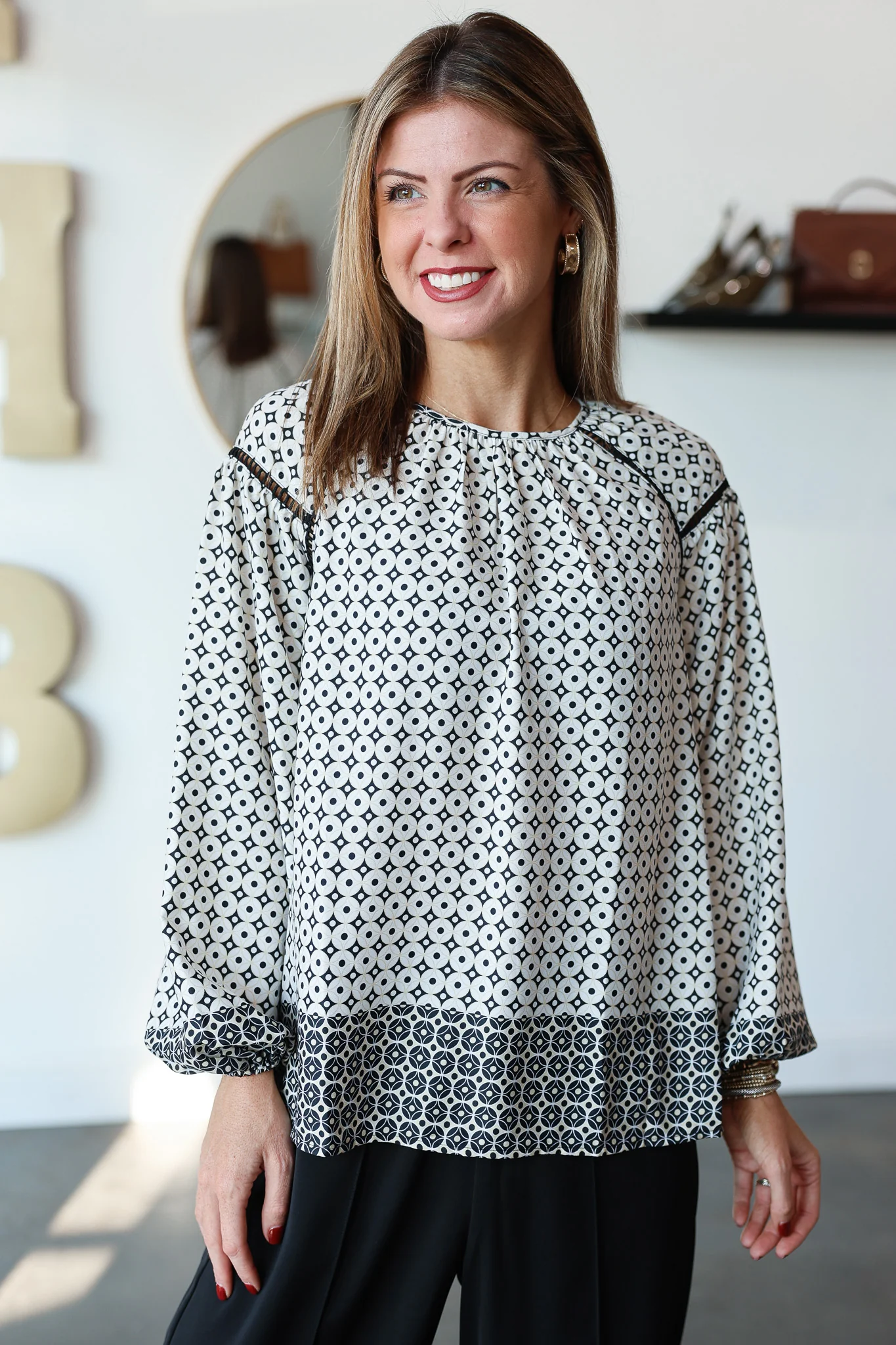 Geometric Mixed Print Blouse - Cream/Black - Image 4