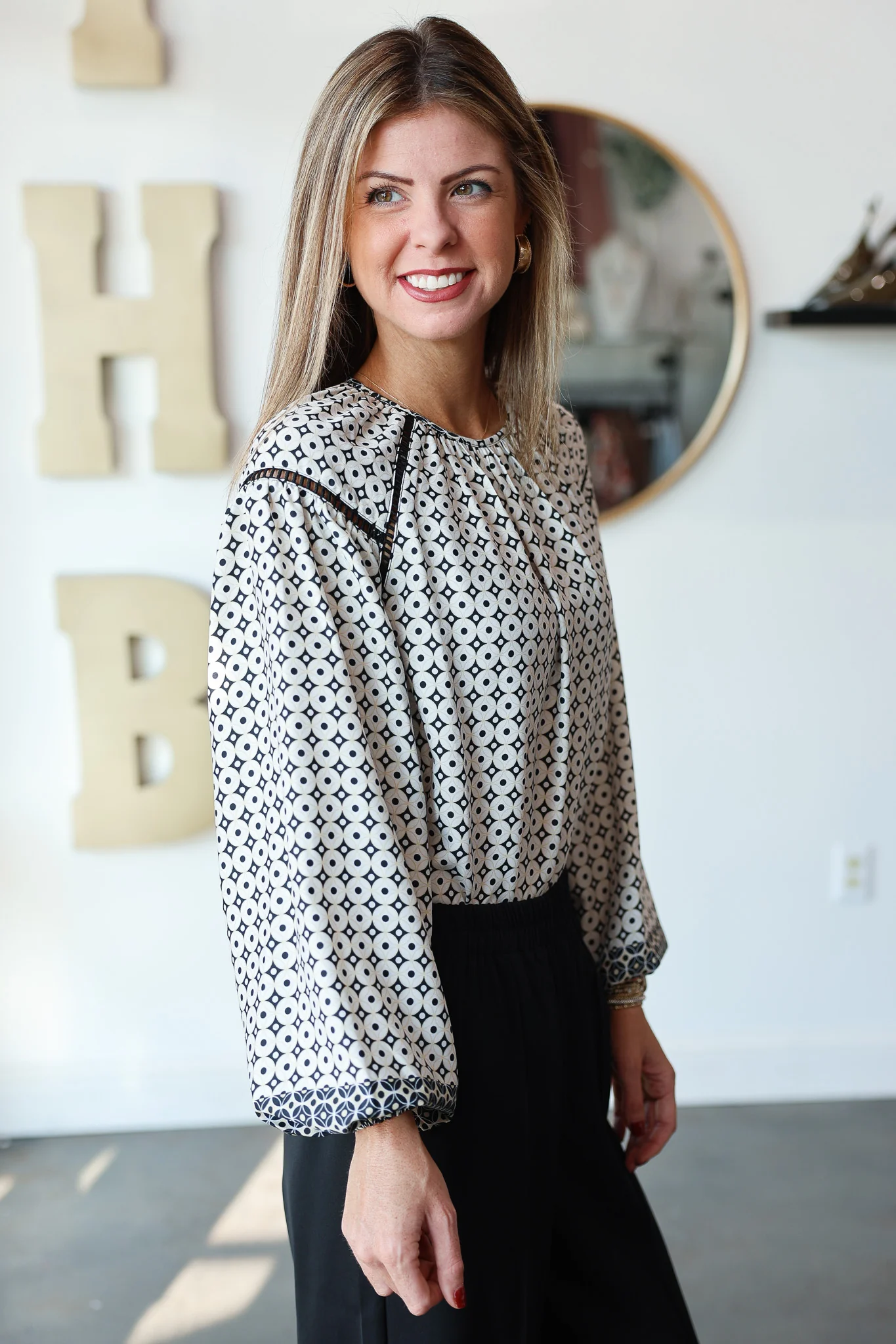 Geometric Mixed Print Blouse - Cream/Black - Image 6