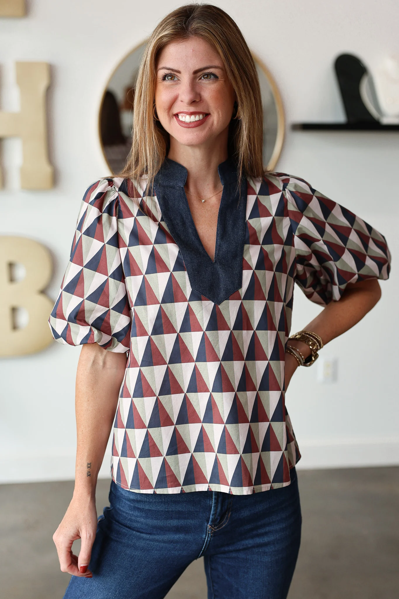 Geometric Print Denim Contrast Top