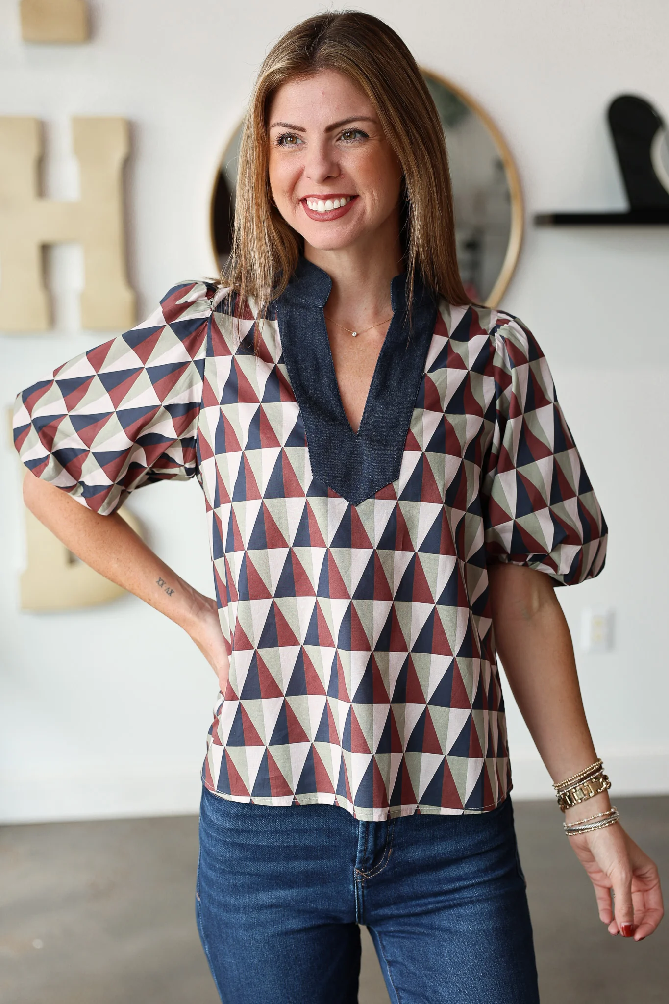 Geometric Print Denim Contrast Top - Image 2