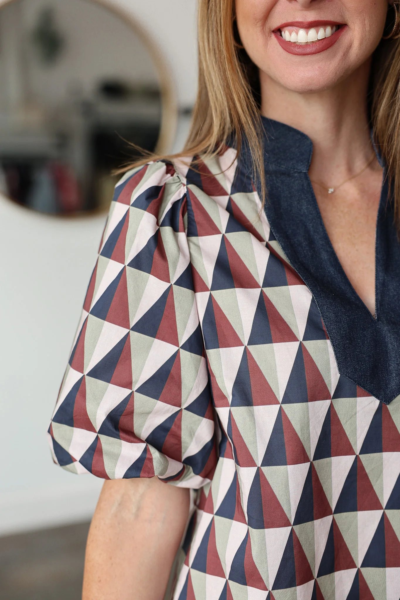 Geometric Print Denim Contrast Top - Image 6