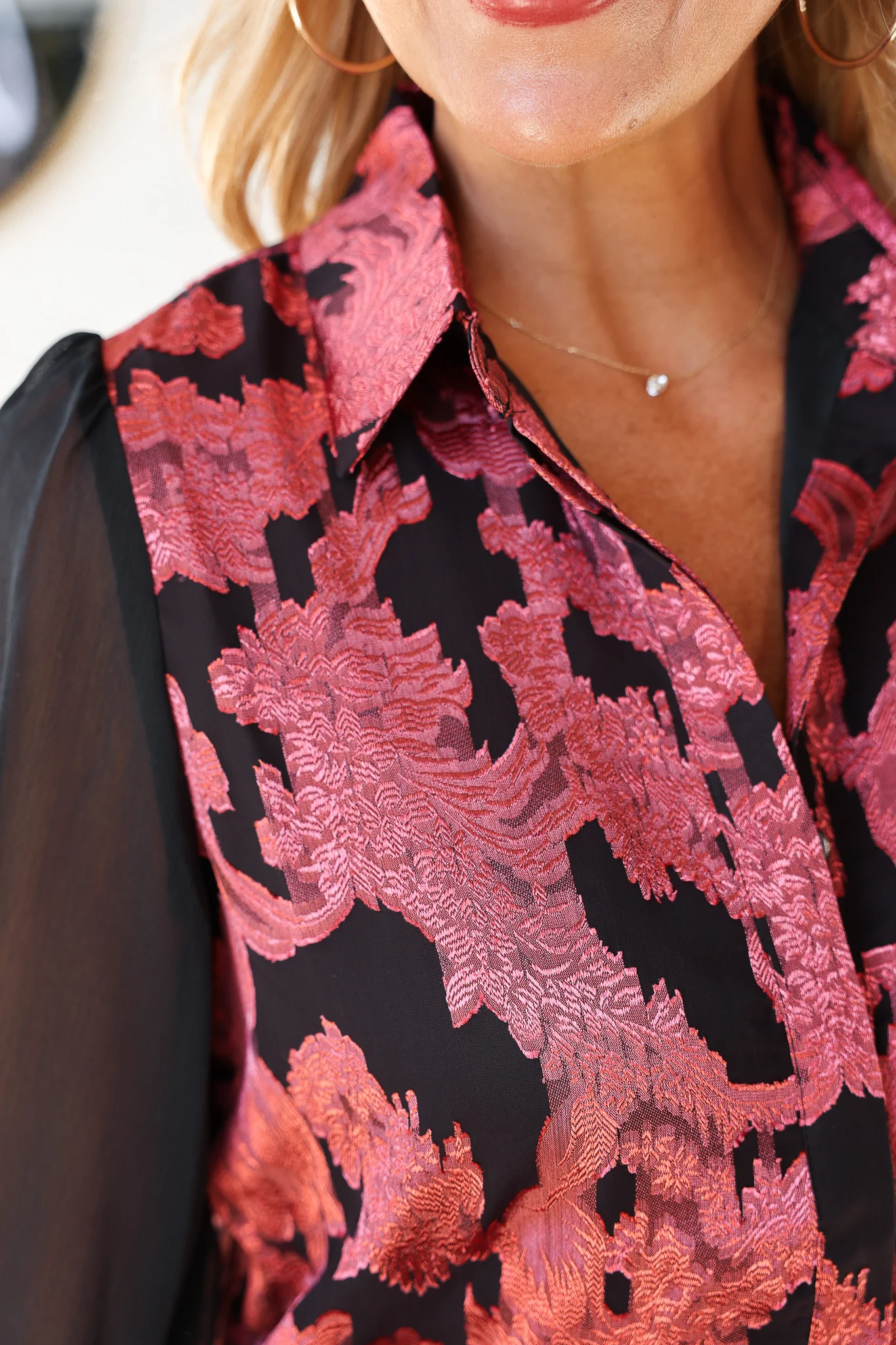 Jacquard Chiffon Button Down Blouse - Black - Image 6