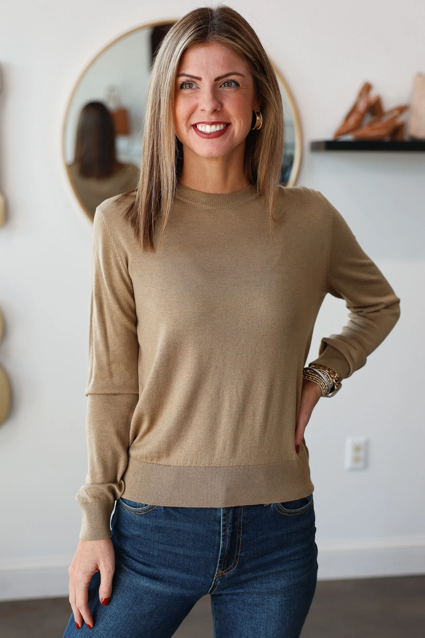 Long Sleeve Knit Sweater - Khaki - Image 2