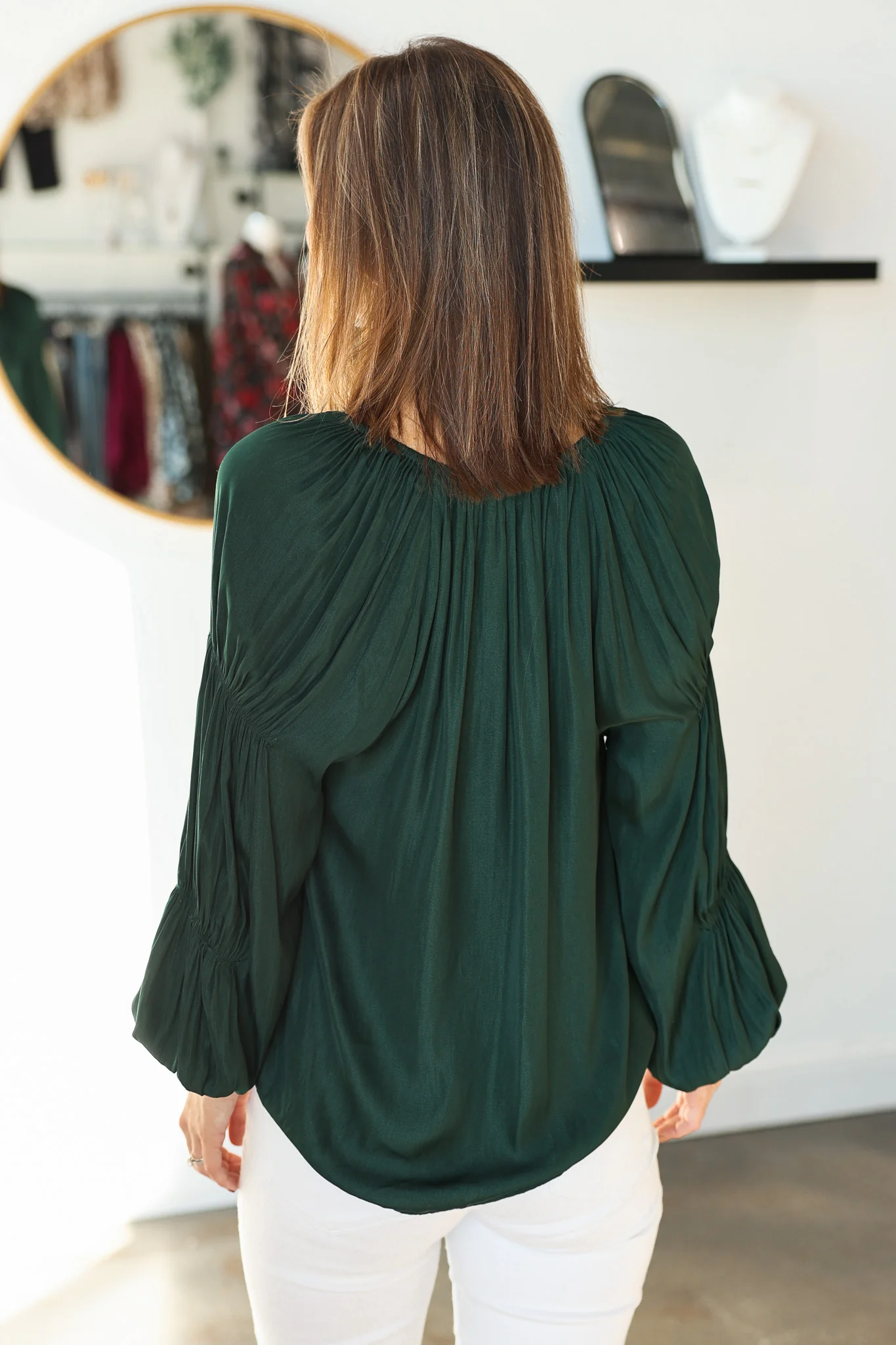 Long Sleeve Satin Blouse - Deep Emerald - Image 6