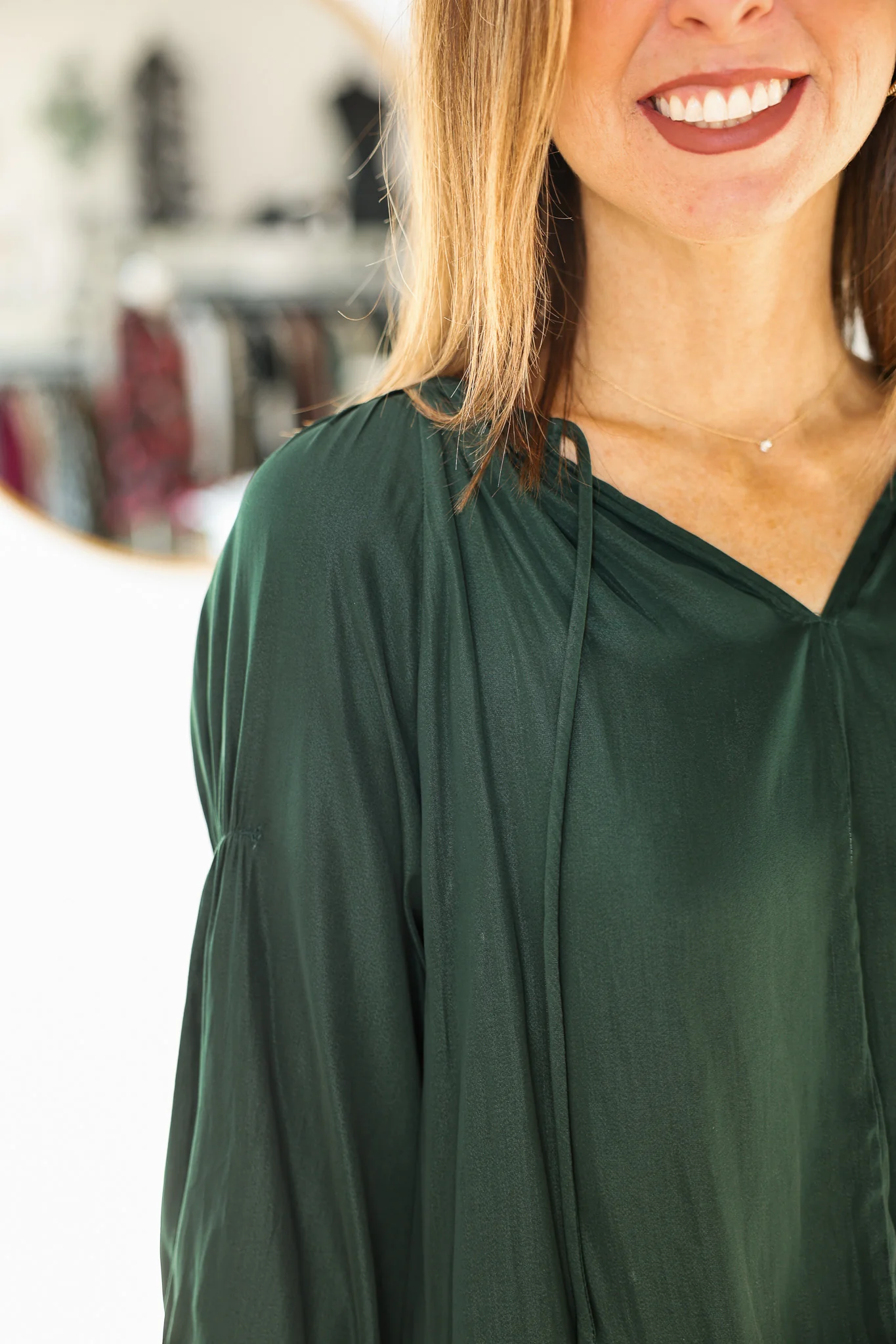 Long Sleeve Satin Blouse - Deep Emerald - Image 7