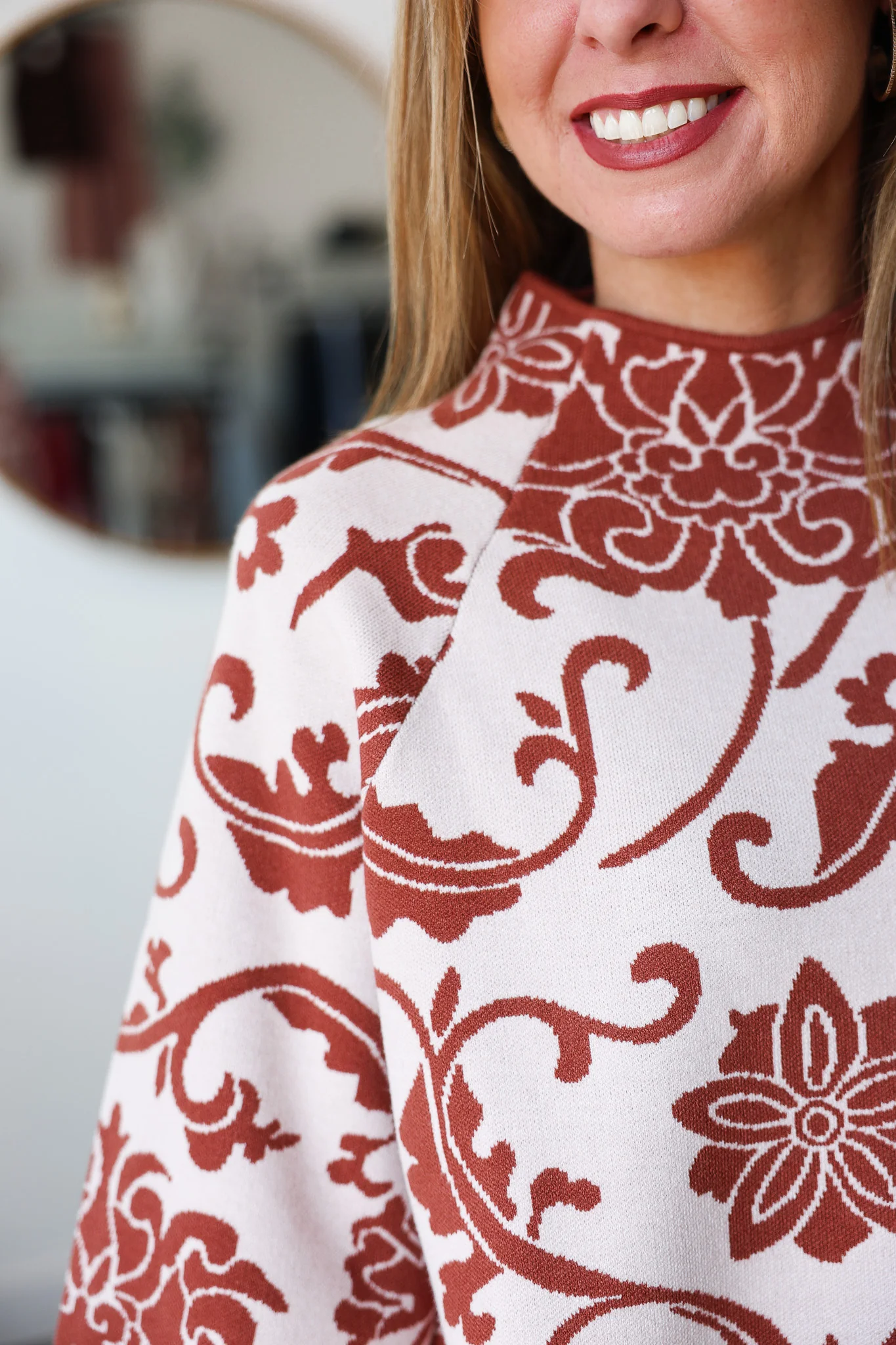Mock Neck Printed Sweater - Red Brown - Image 7
