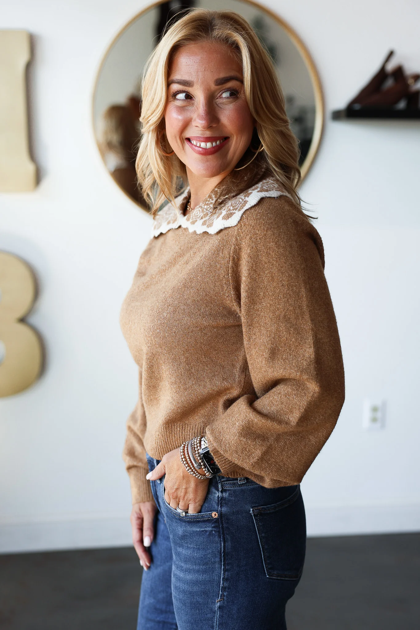 Pattern Collar Knit Top - Camel - Image 5