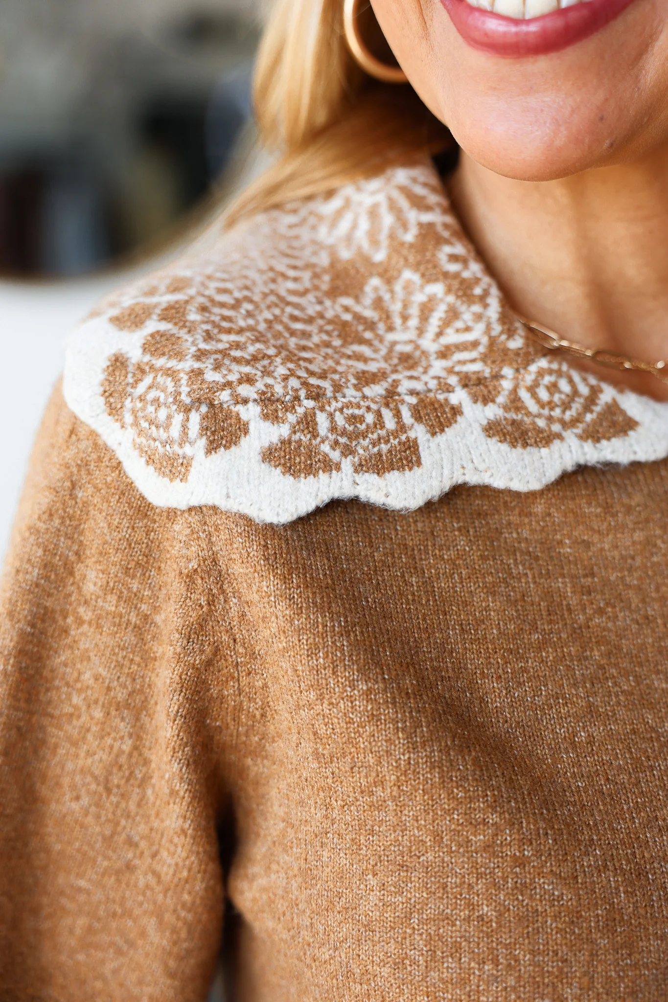 Pattern Collar Knit Top - Camel - Image 7
