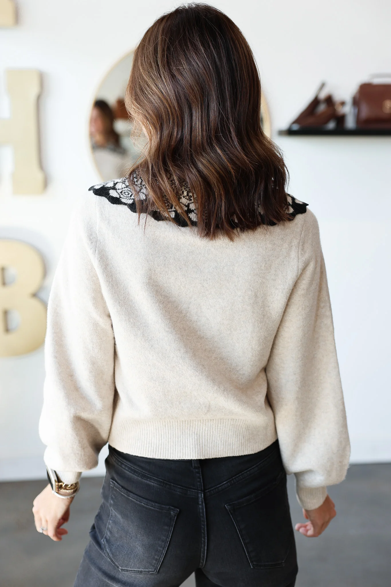 Pattern Collar Knit Top - Cream - Image 6