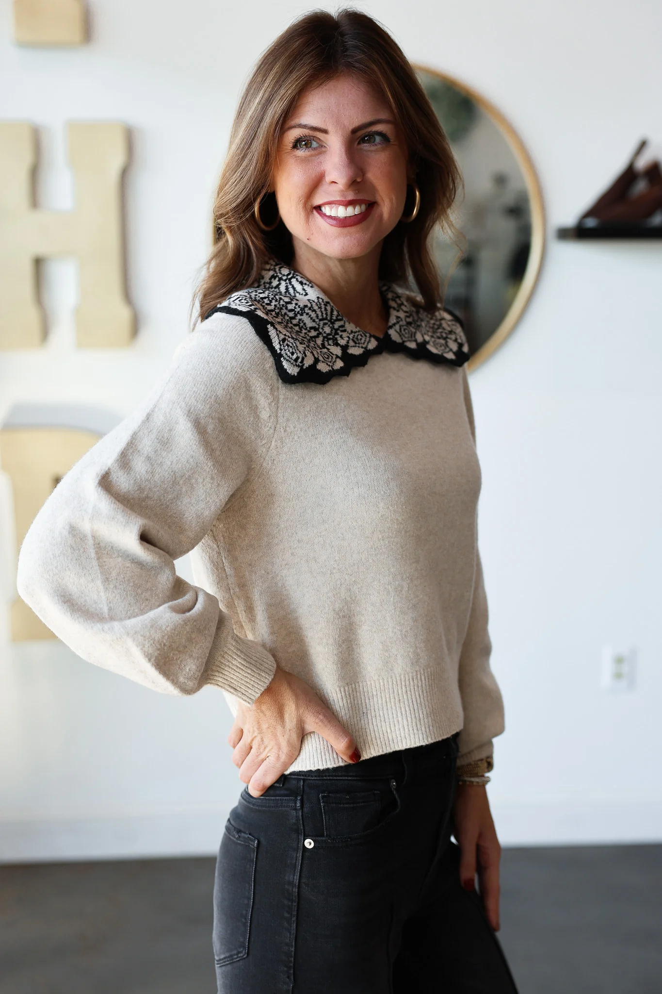 Pattern Collar Knit Top - Cream - Image 7